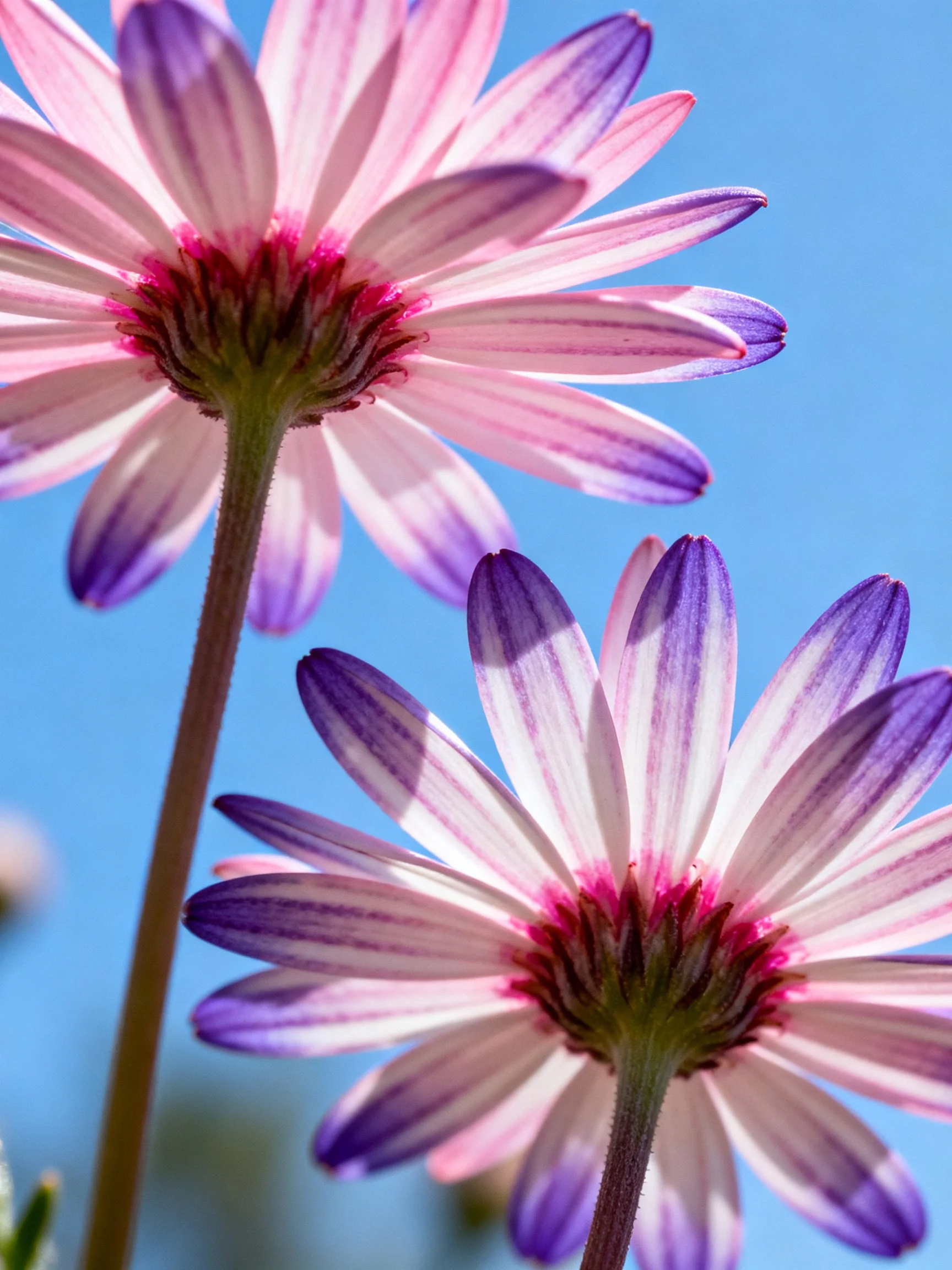 Two pink-purple daisy flowers with gradient petals against a clear blue sky