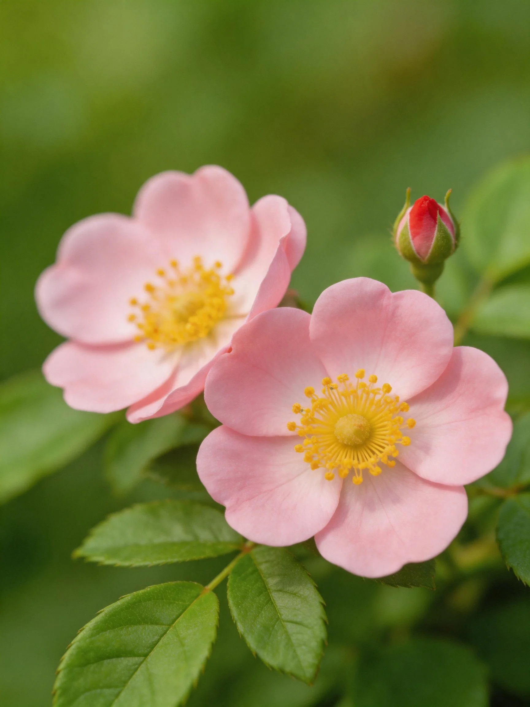 Two pink rose blooms with yellow centers near a red bud