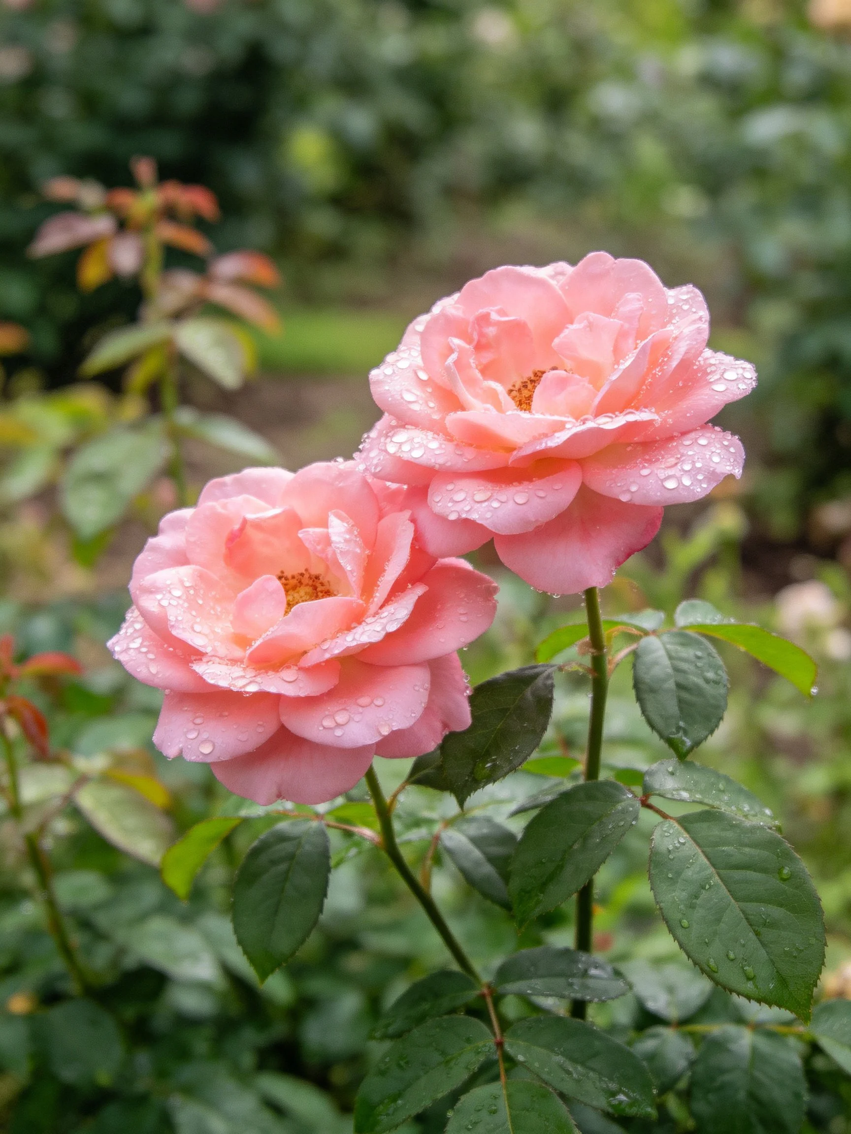 Two pink roses adorned with dewdrops in a verdant garden