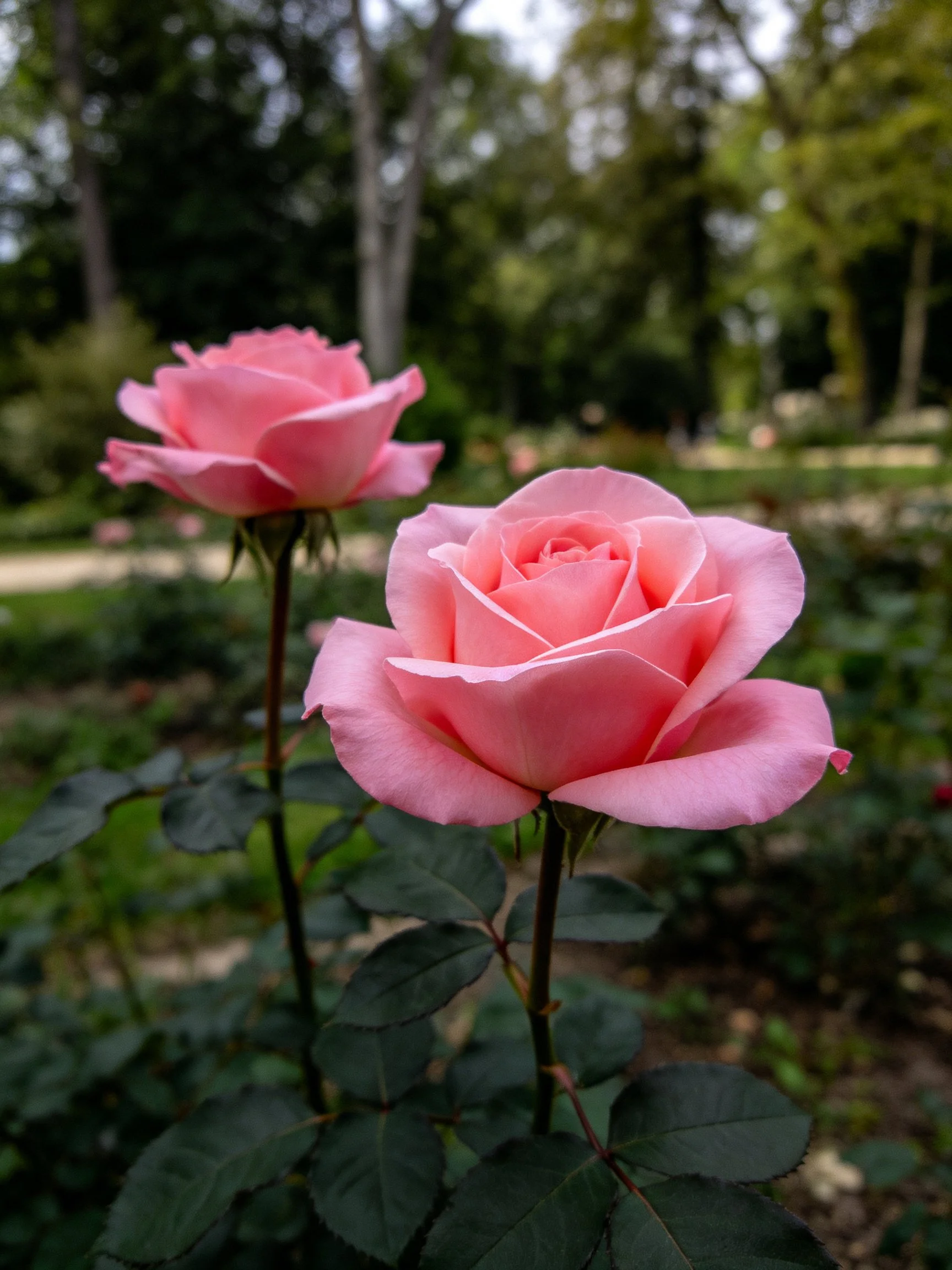 Two pink roses bloom amid lush greenery and trees