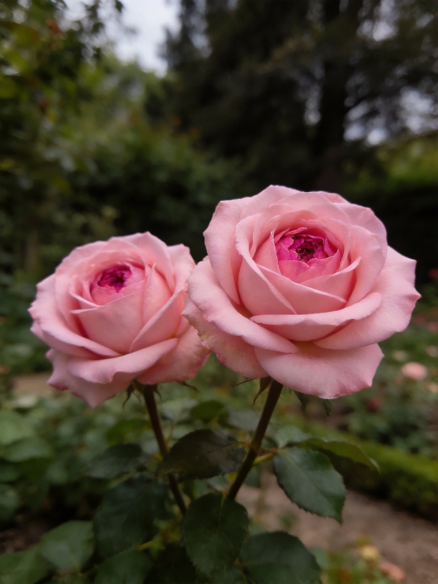 Two pink roses bloom in a garden with greenery