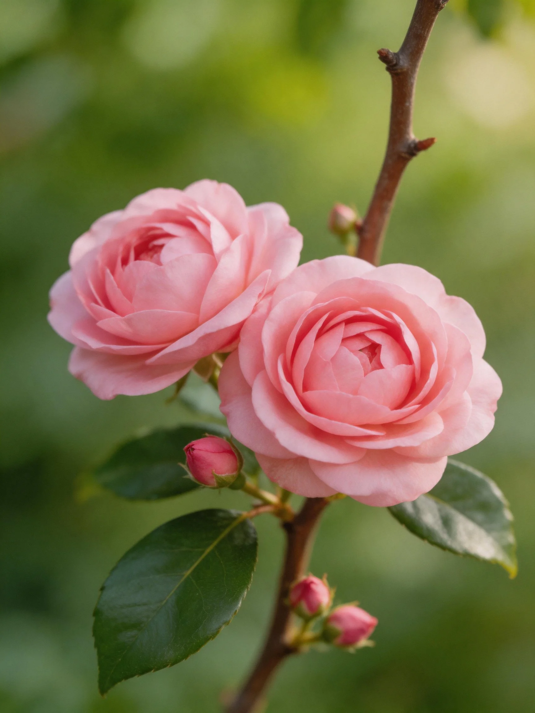 Two pink roses bloom on a brown branch with green leaves and buds