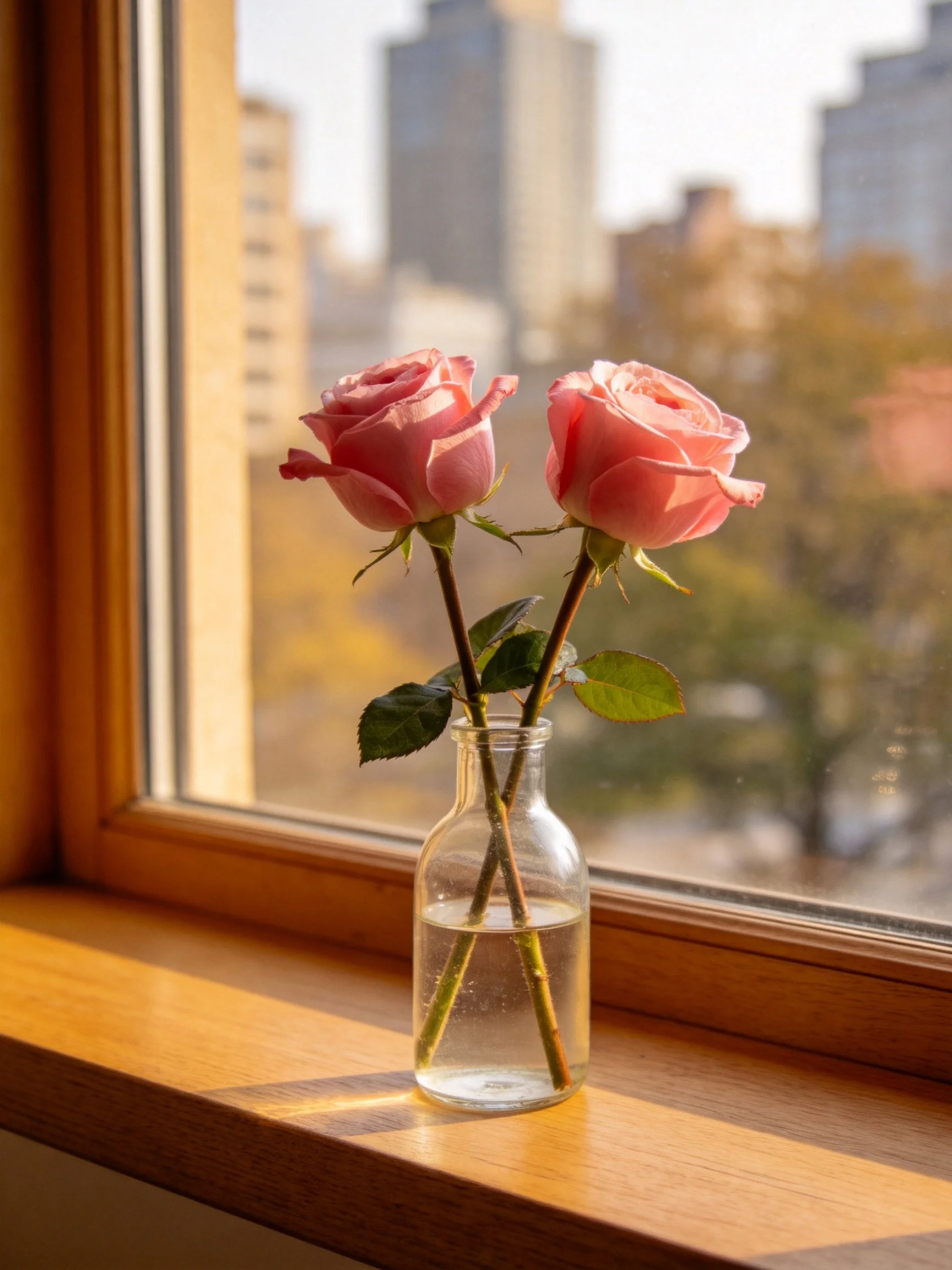 Two pink roses in a glass vase on a wooden windowsill