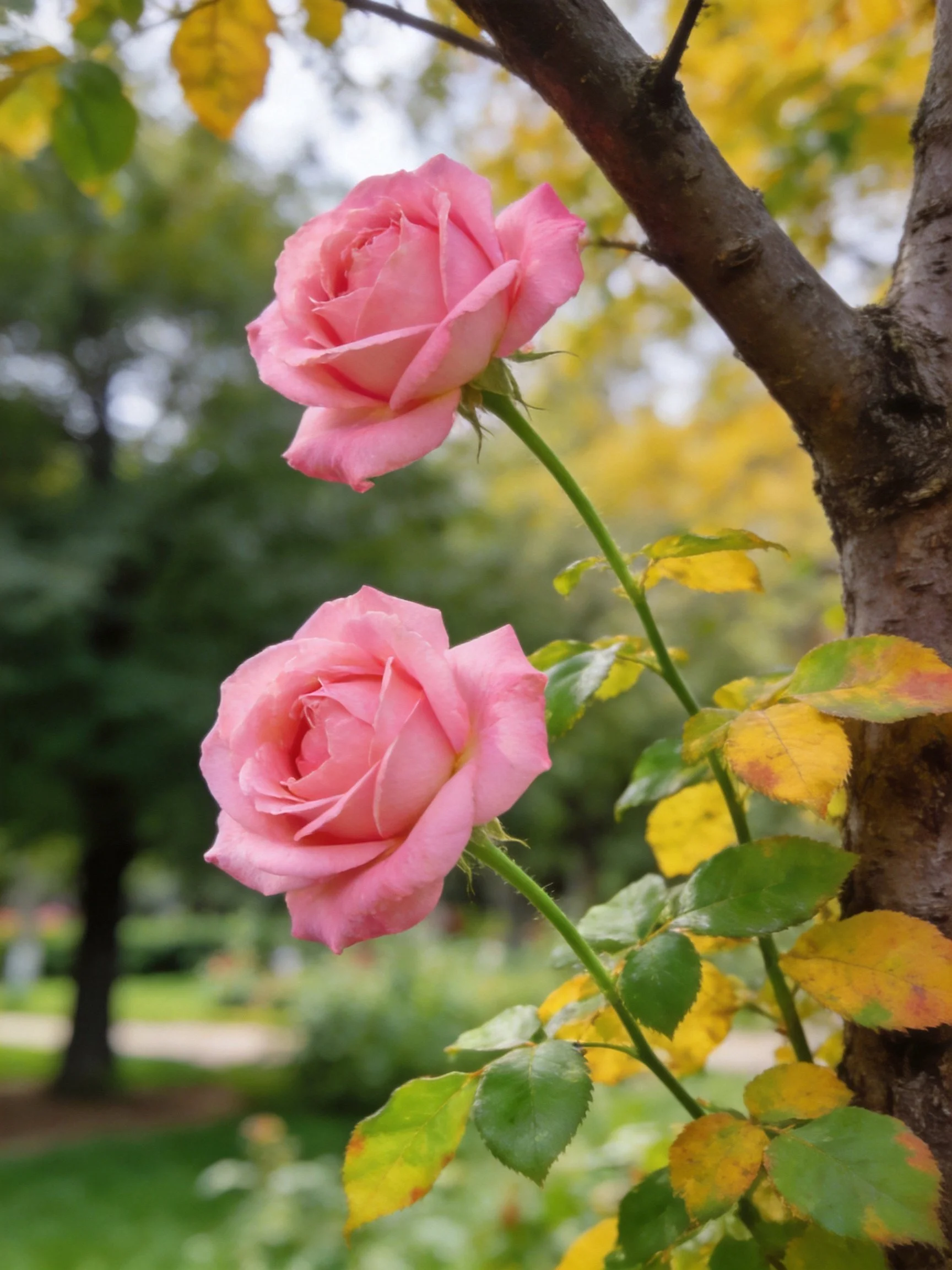 Two pink roses near a tree trunk with autumn-colored leaves