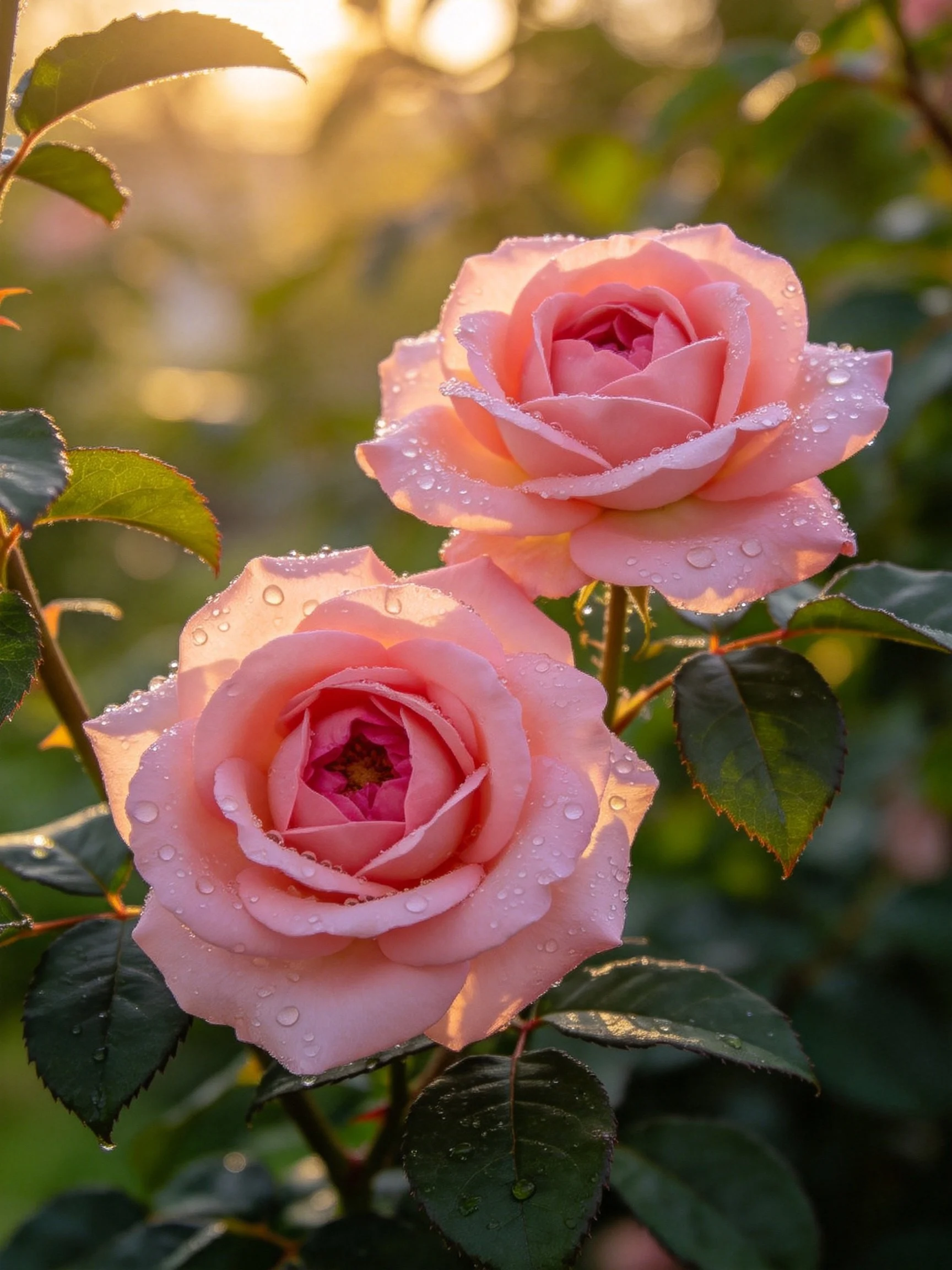 Two pink roses with dewdrops among green leaves under golden light