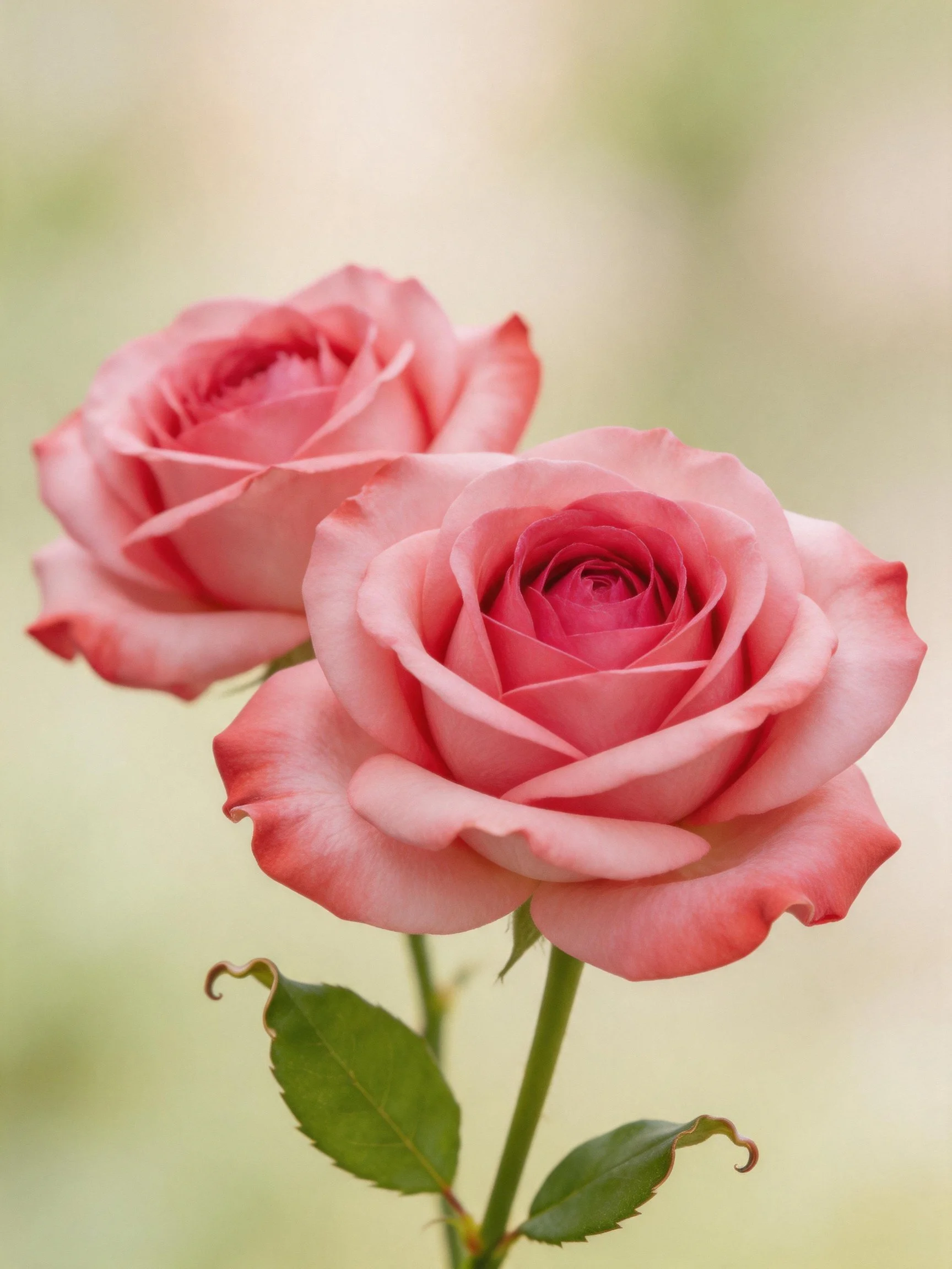 Two pink roses with green stems and leaves against a soft, blurred background