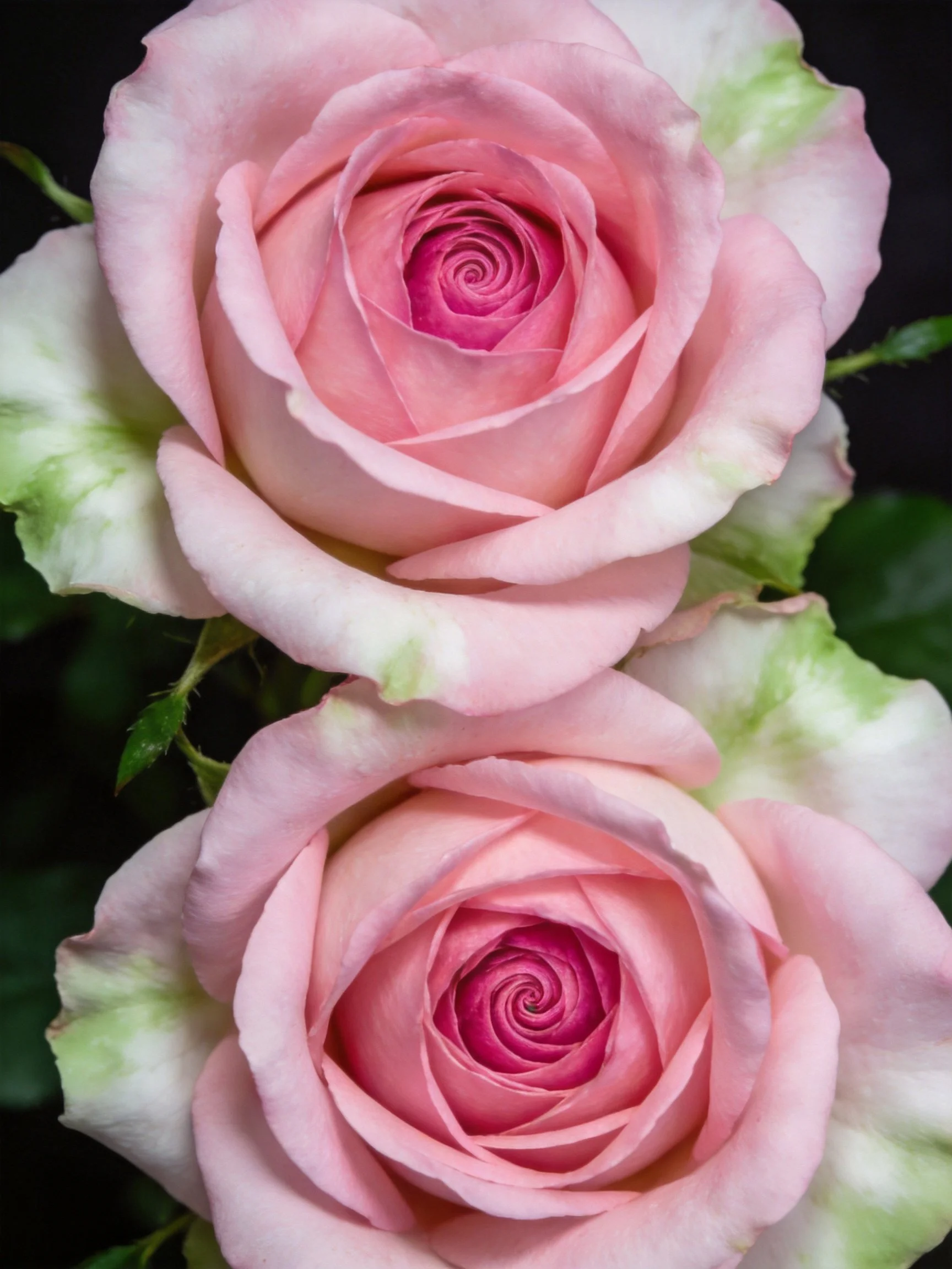 Two pink roses with green-tinted petals