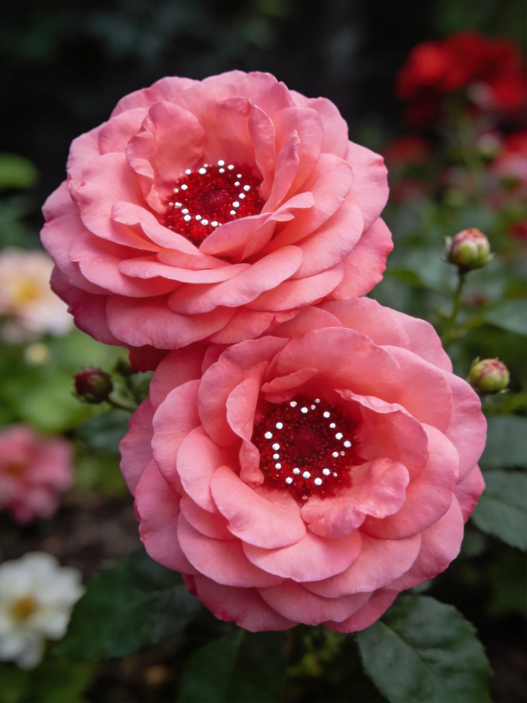 Two pink roses with red centers amid green foliage
