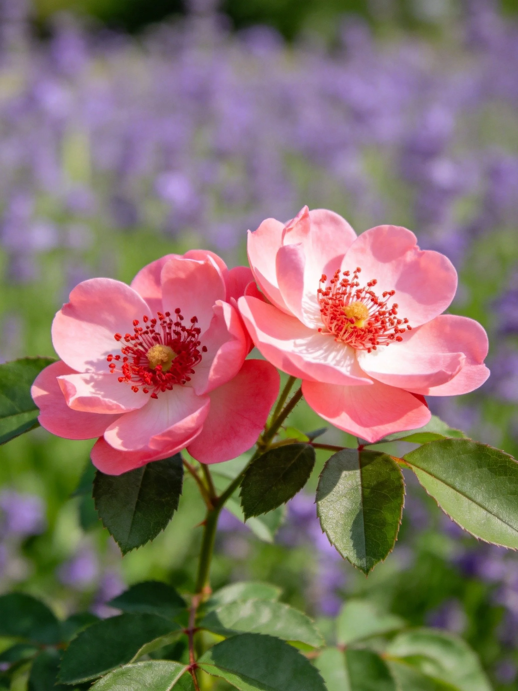 Two pink roses with red stamens, green leaves, and purple blurred background