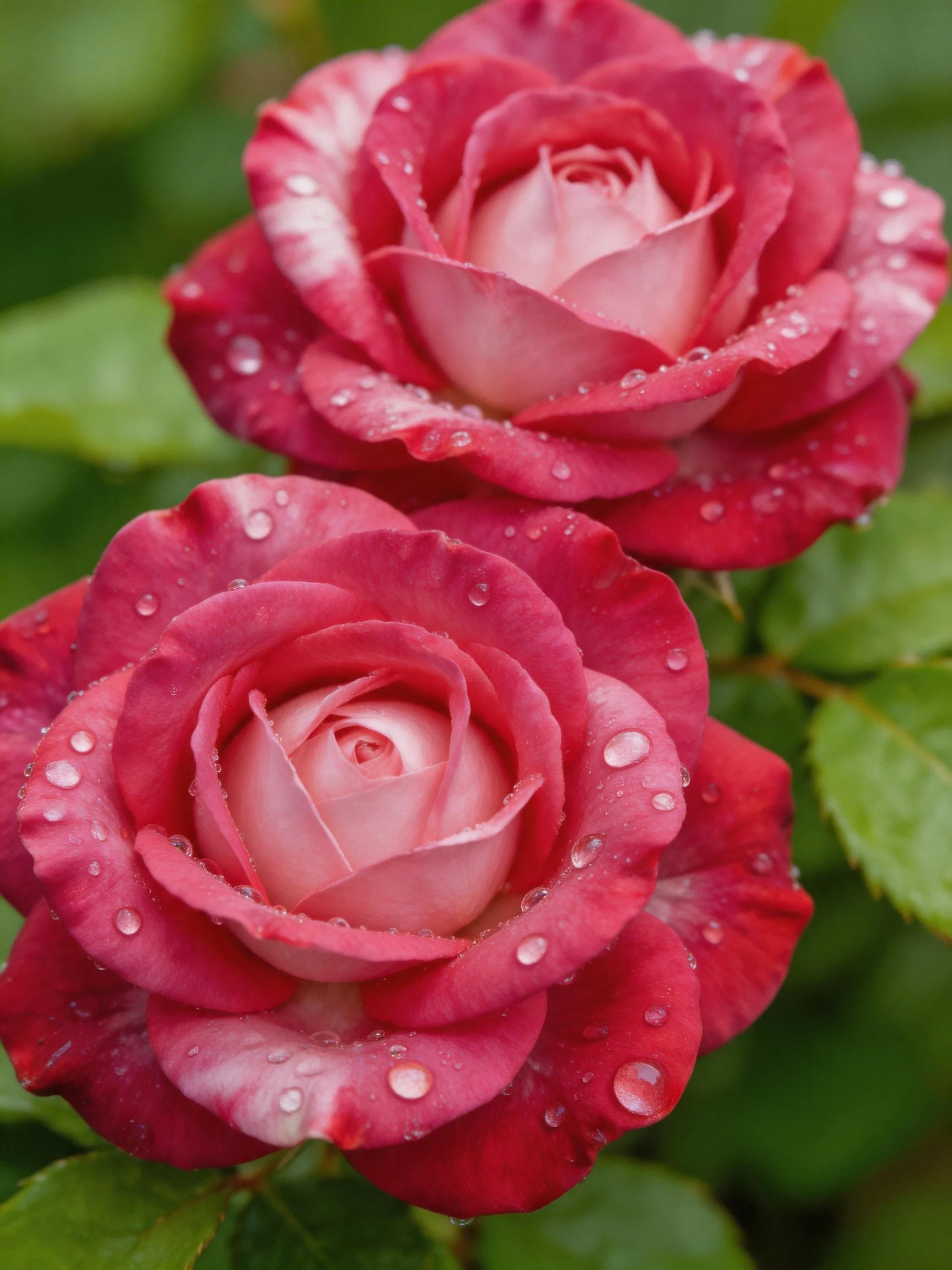 Two pink roses with water droplets among green leaves