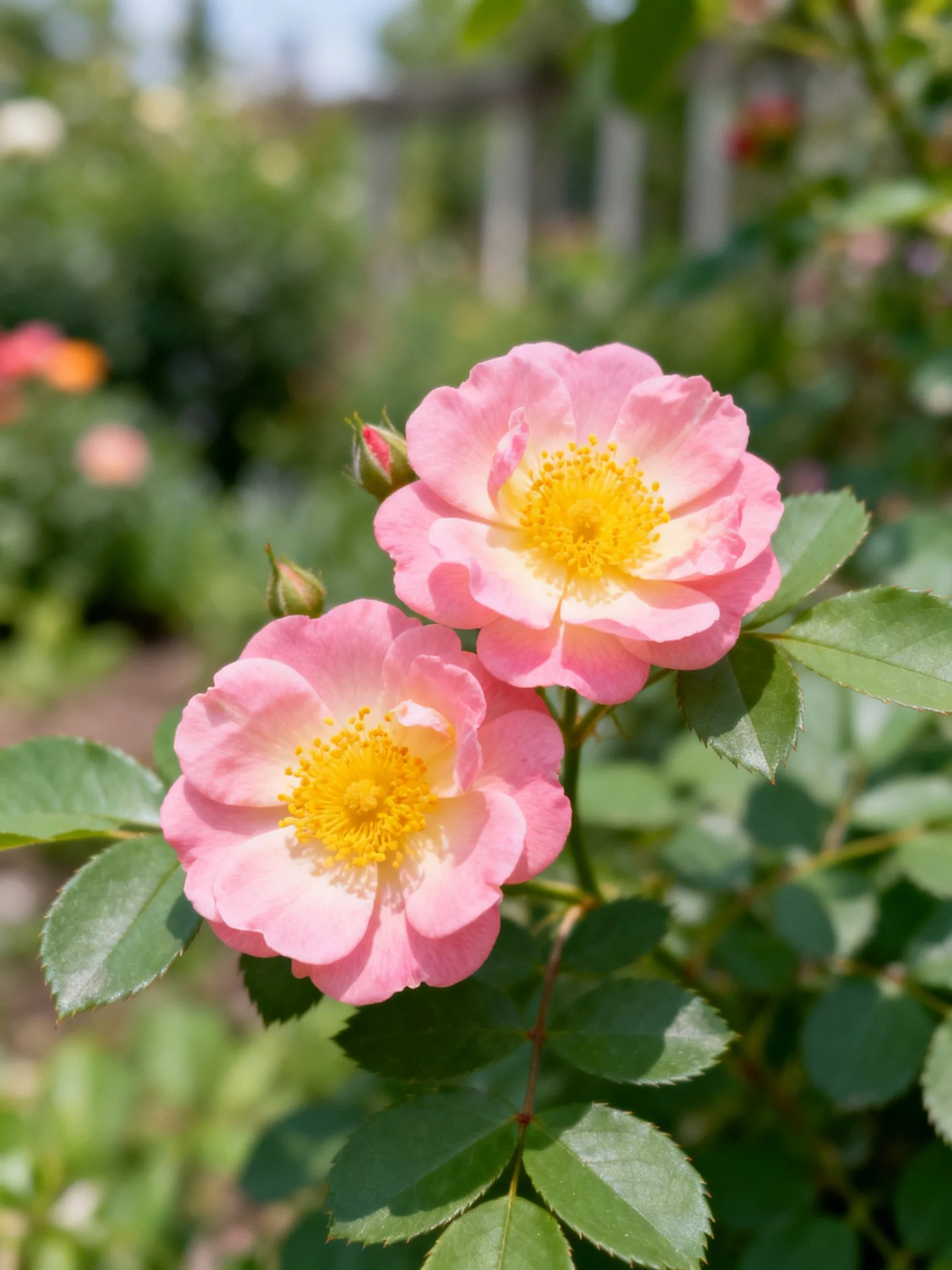 Two pink roses with yellow centers bloom among green foliage