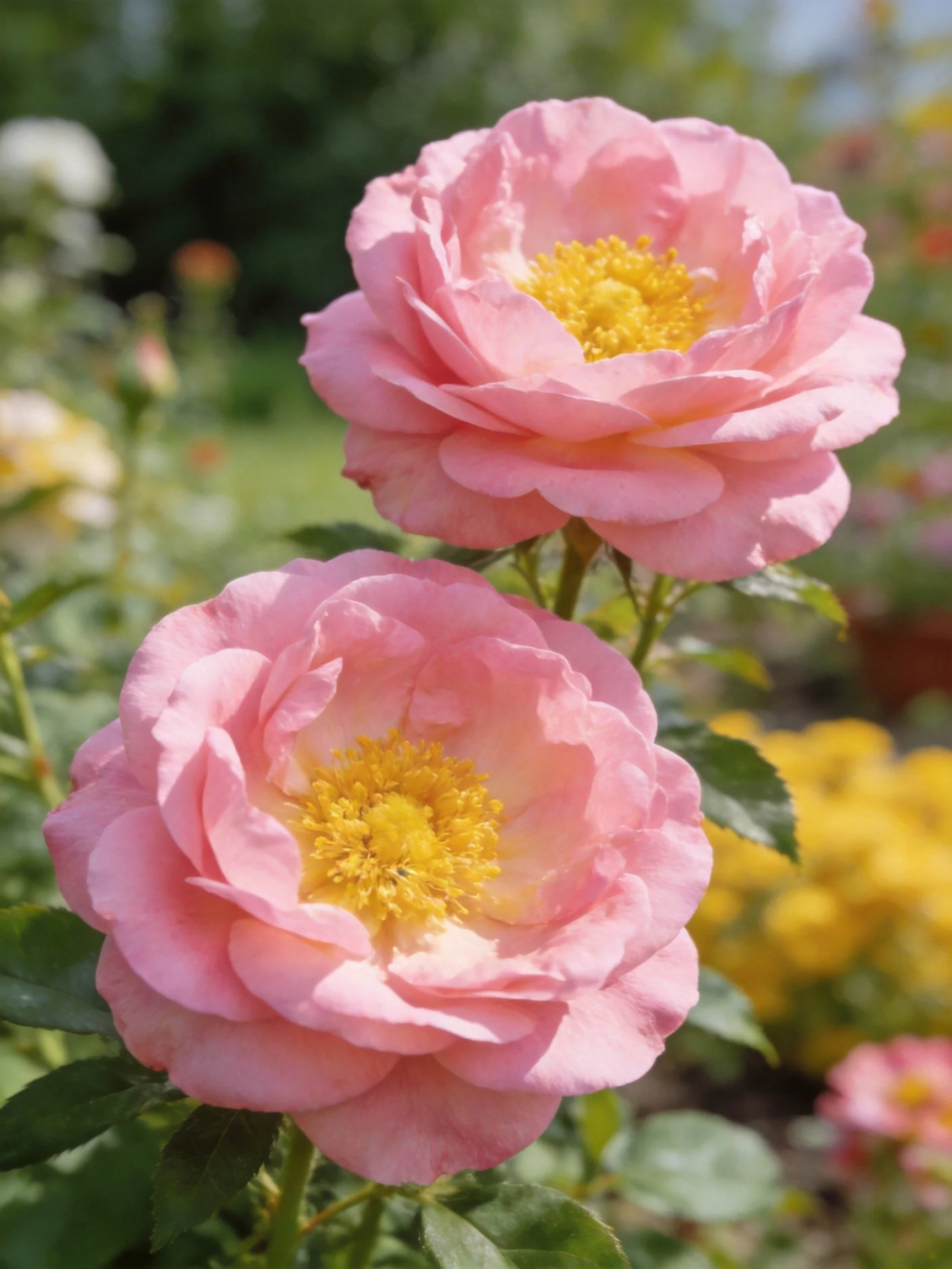 Two pink roses with yellow centers in a garden