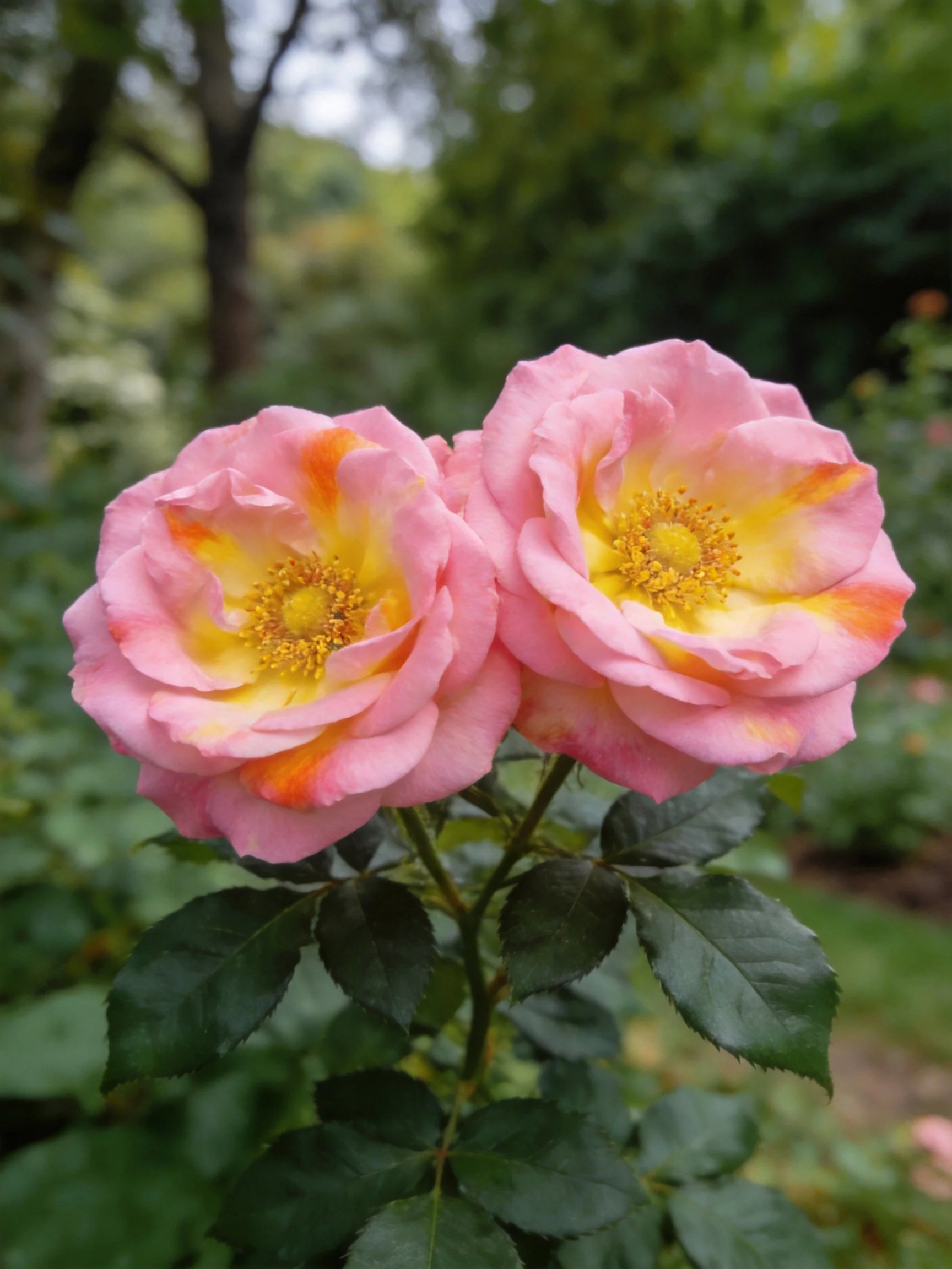 Two pink roses with yellow-orange accents blooming amidst greenery