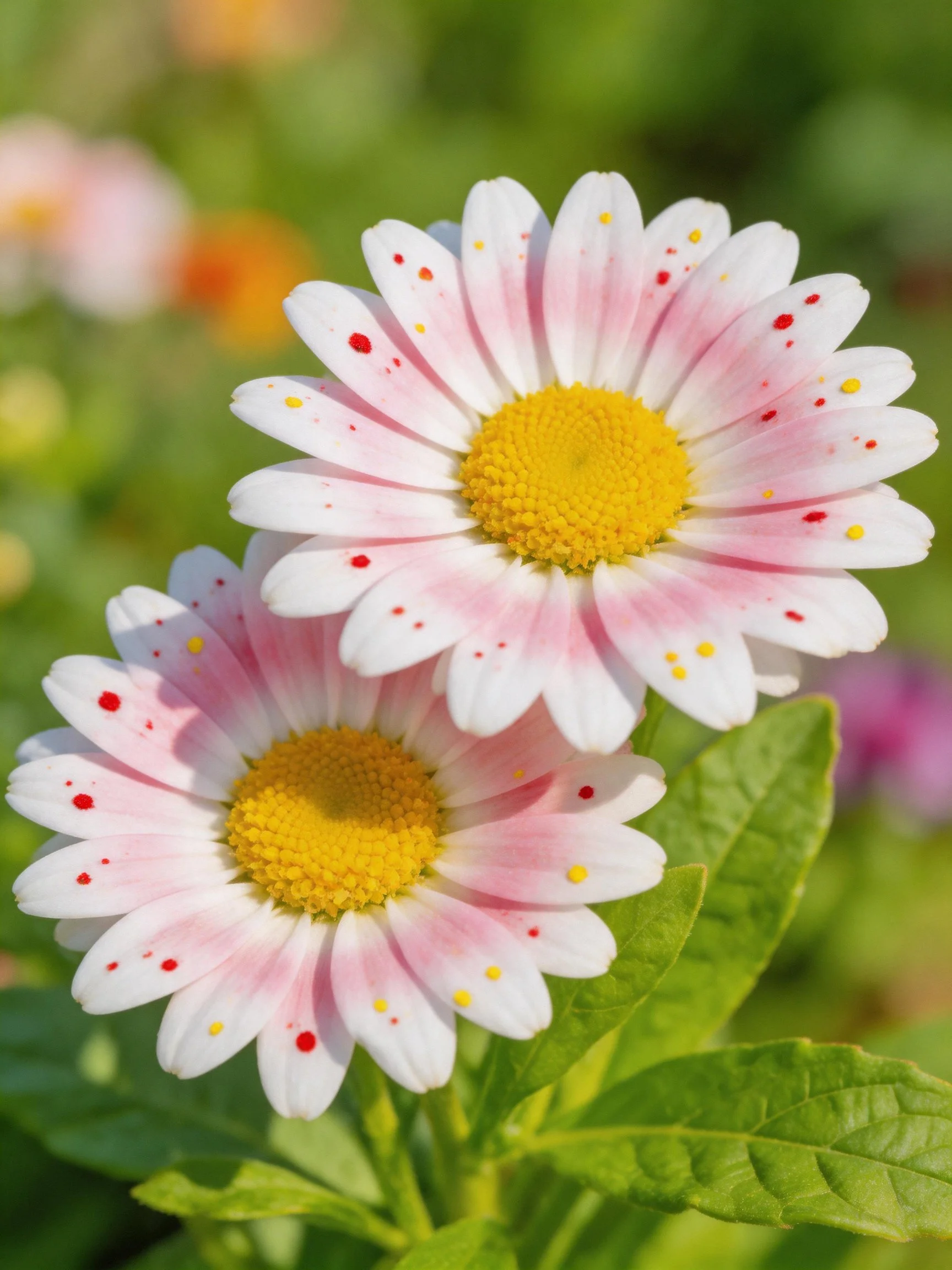 Two pink-speckled daisies with yellow centers amidst greenery