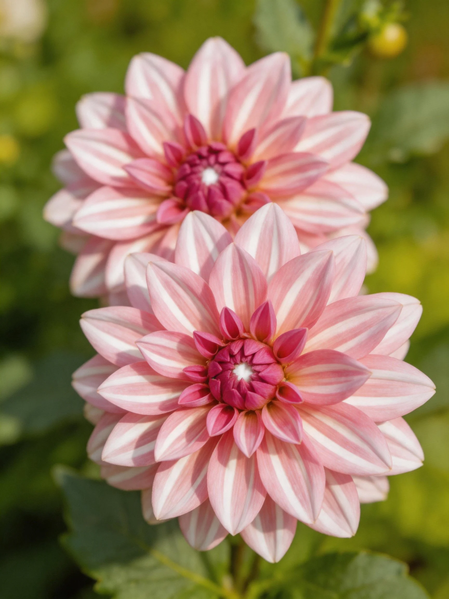 Two pink striped dahlias with green foliage