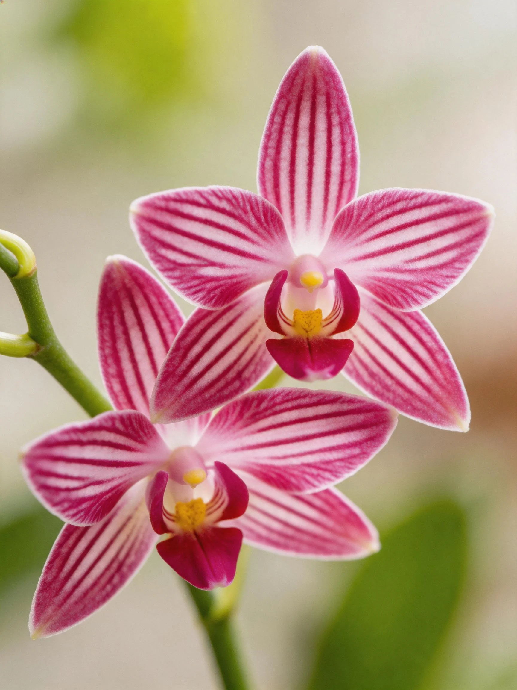 Two pink striped orchids bloom against a soft green backdrop