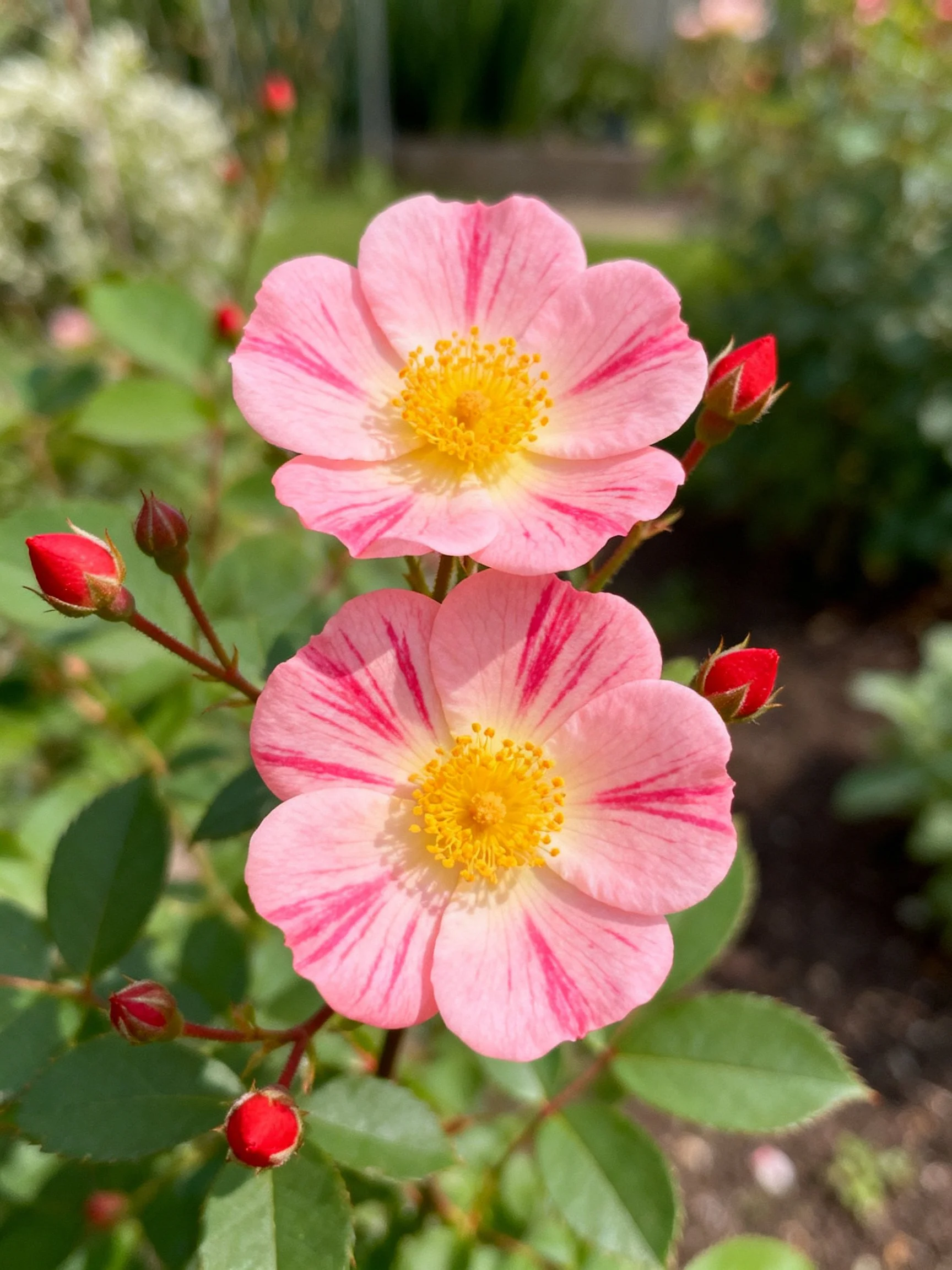 Two pink striped roses with red flower buds and green foliage