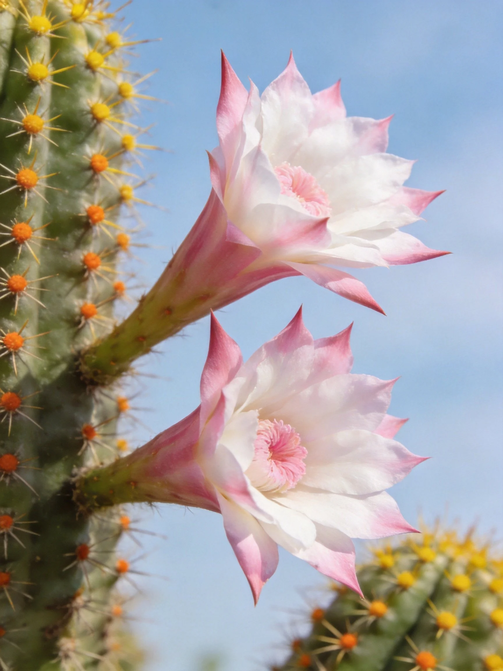 Two pink-tipped cactus blooms with yellow-orange spines against clear blue sky