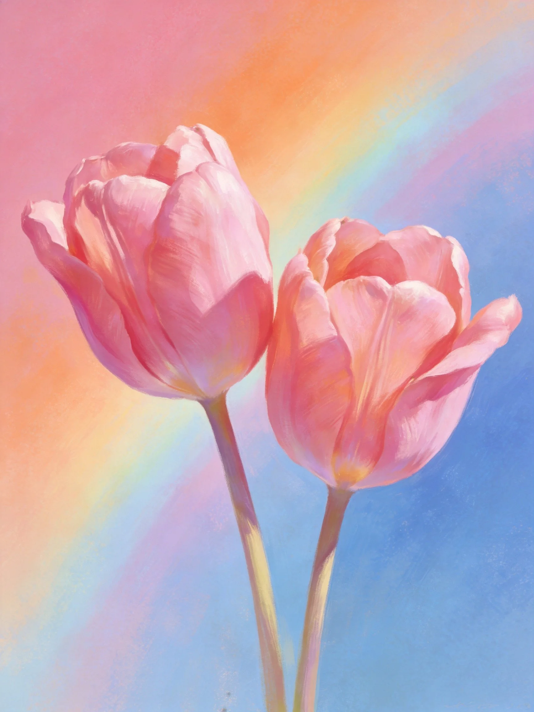 Two pink tulips against a soft pastel rainbow gradient background