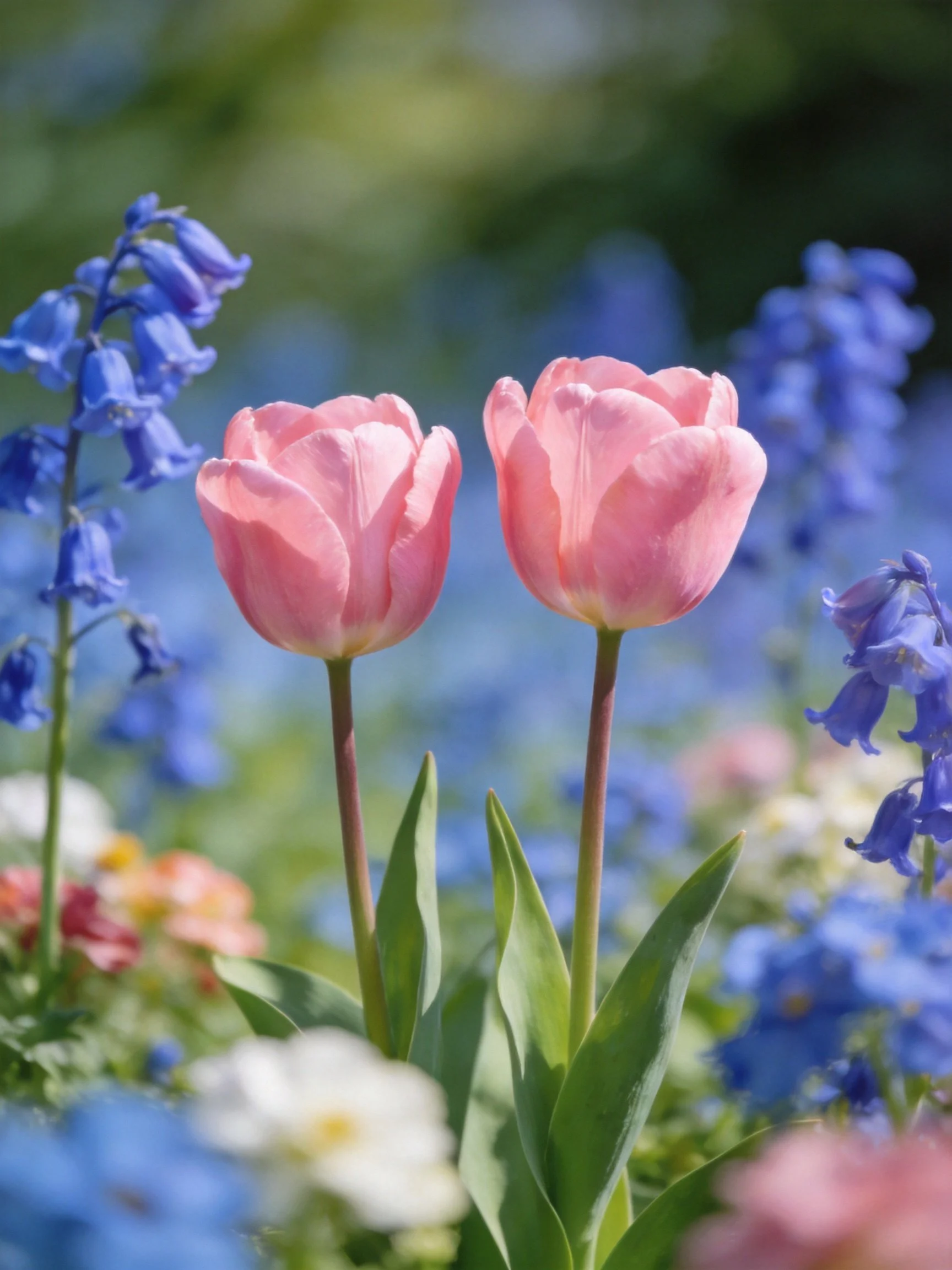 Two pink tulips amid bluebell flowers in a sunlit garden
