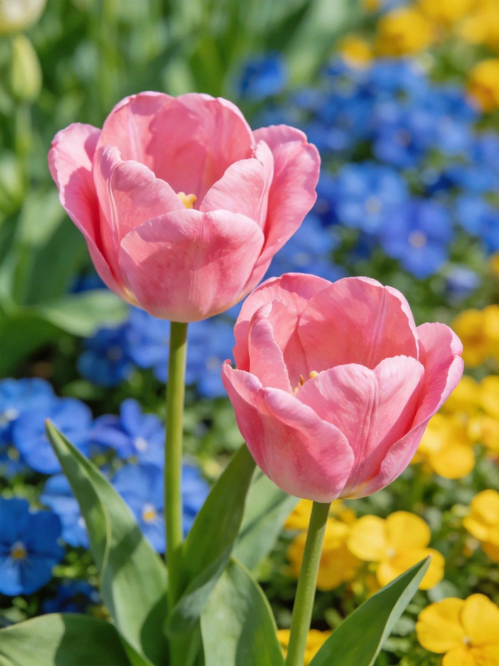 Two pink tulips amidst blue and yellow flowers in a sunlit garden