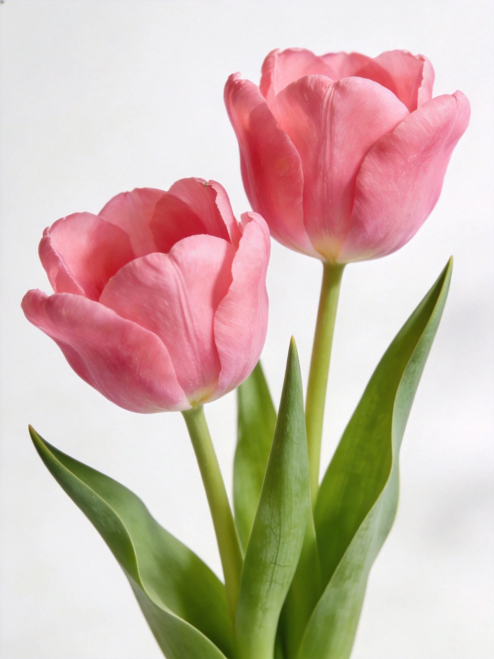 Two pink tulips with green foliage against a white backdrop