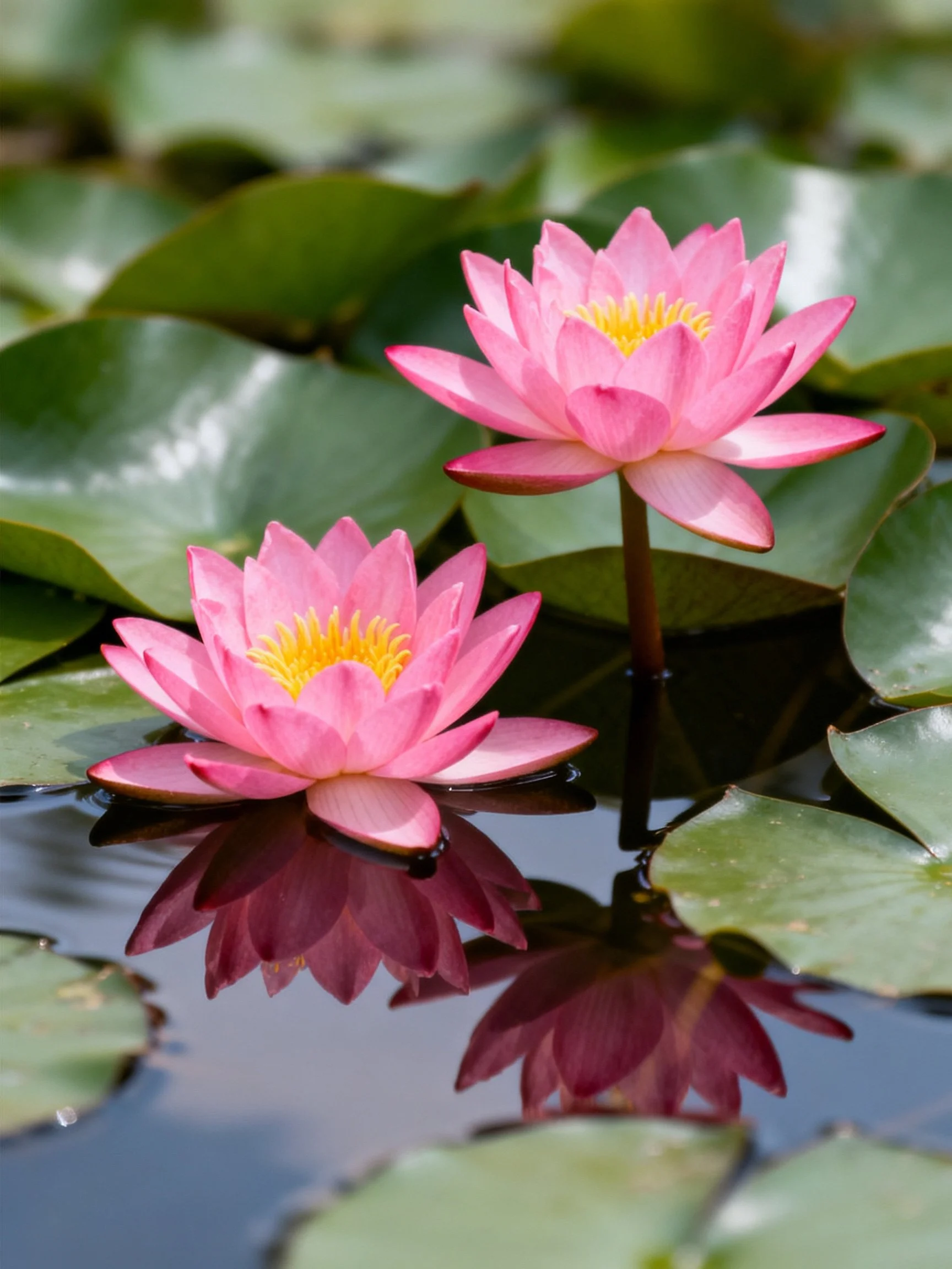 Two pink water lilies float among large green leaves in calm water