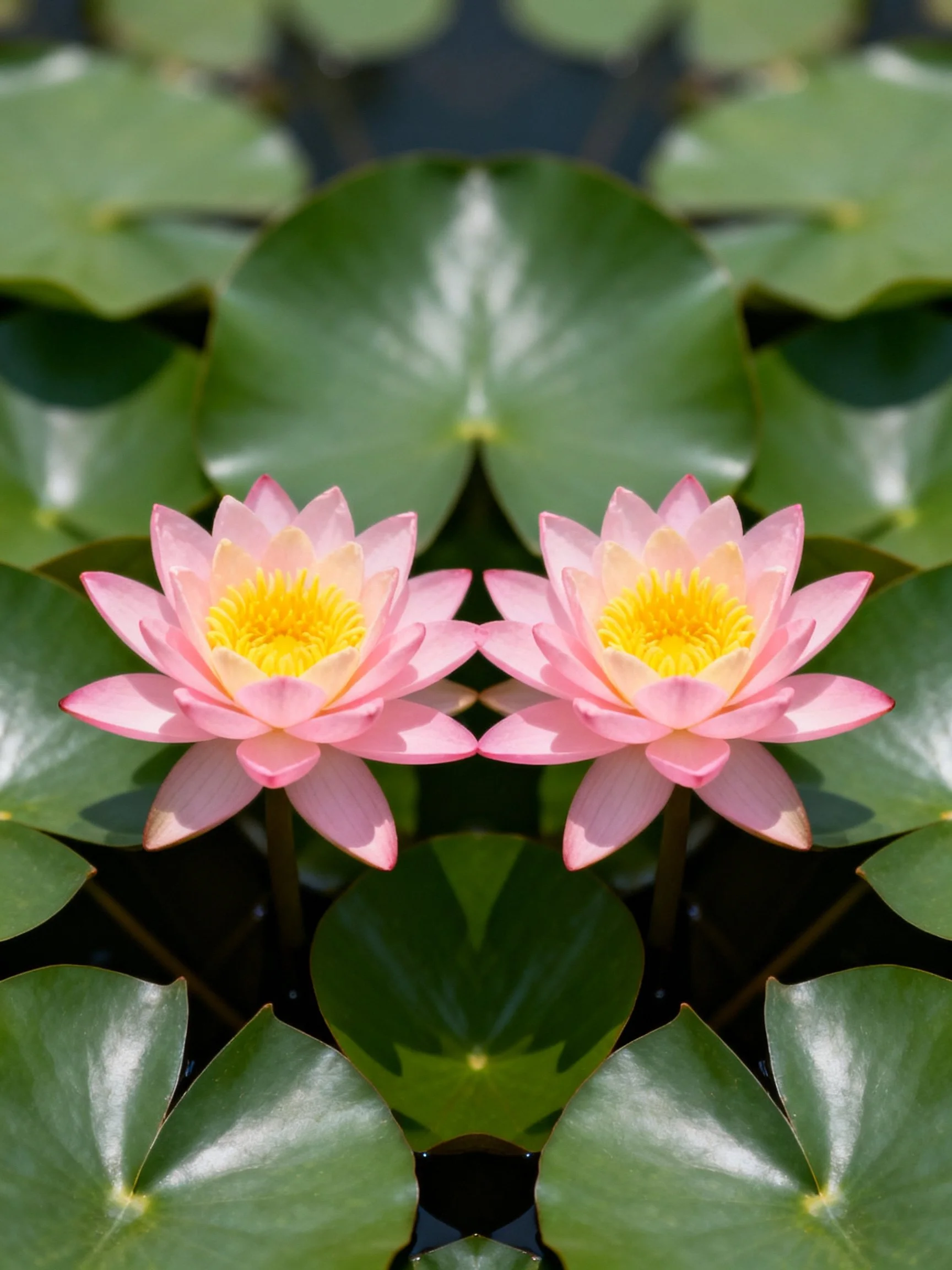 Two pink water lilies with yellow centers amid green lily pads