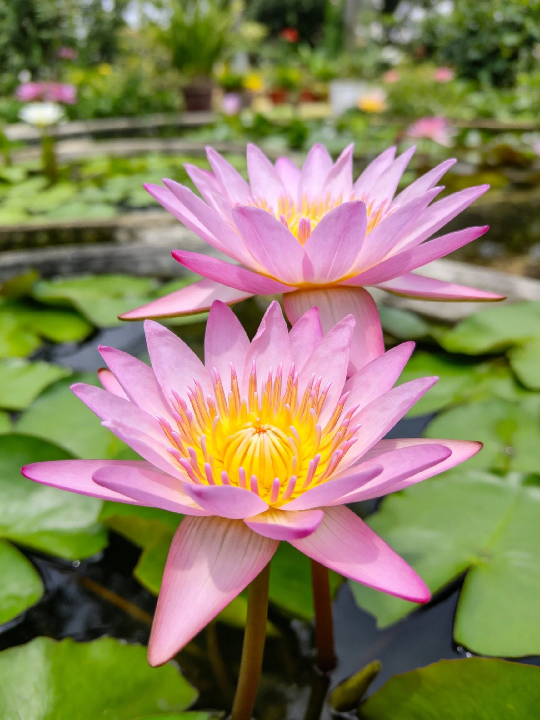 Two pink water lilies with yellow centers among green lily pads in a garden pond