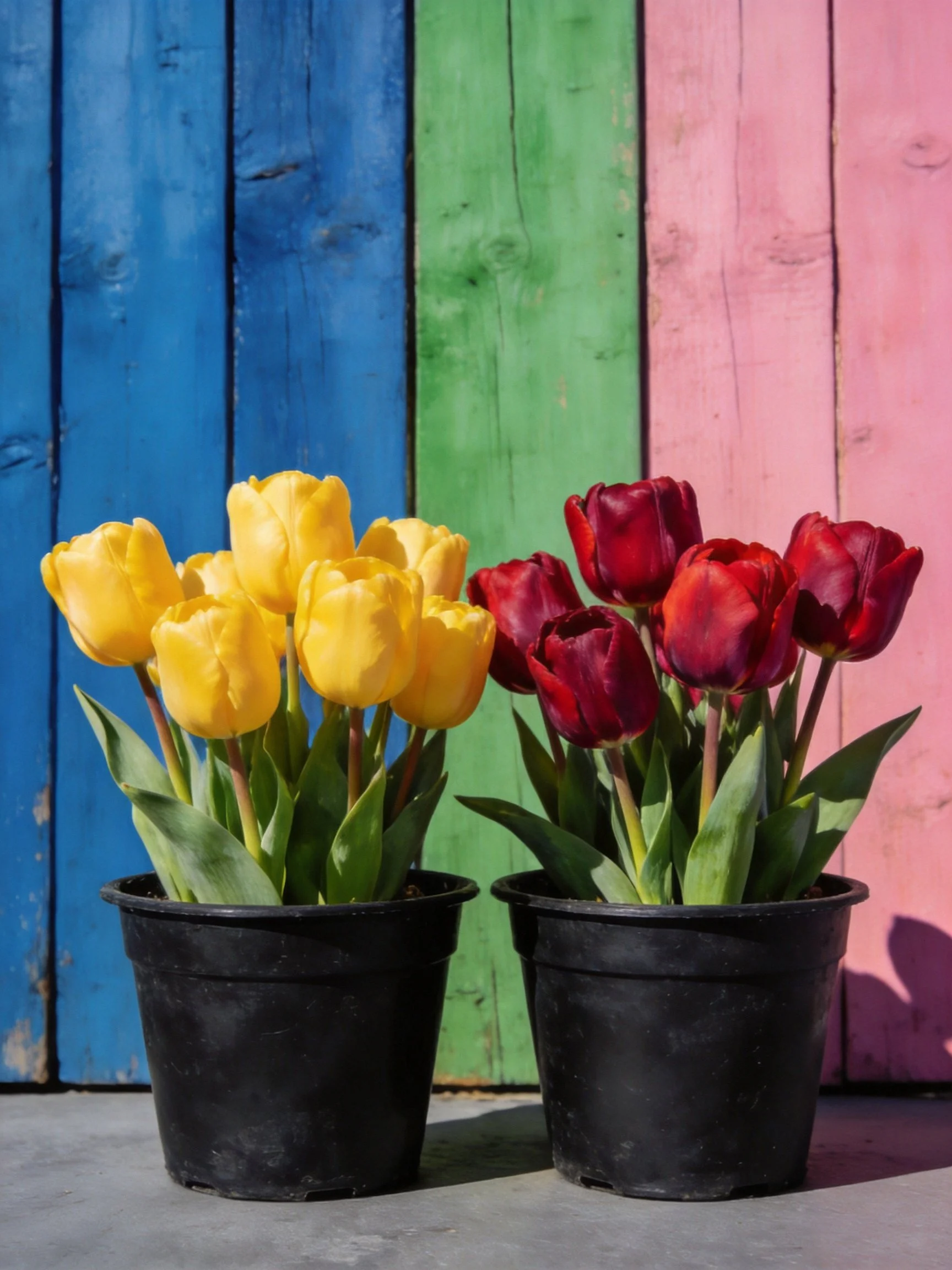 Two pots hold yellow and red tulips near colorful wooden planks