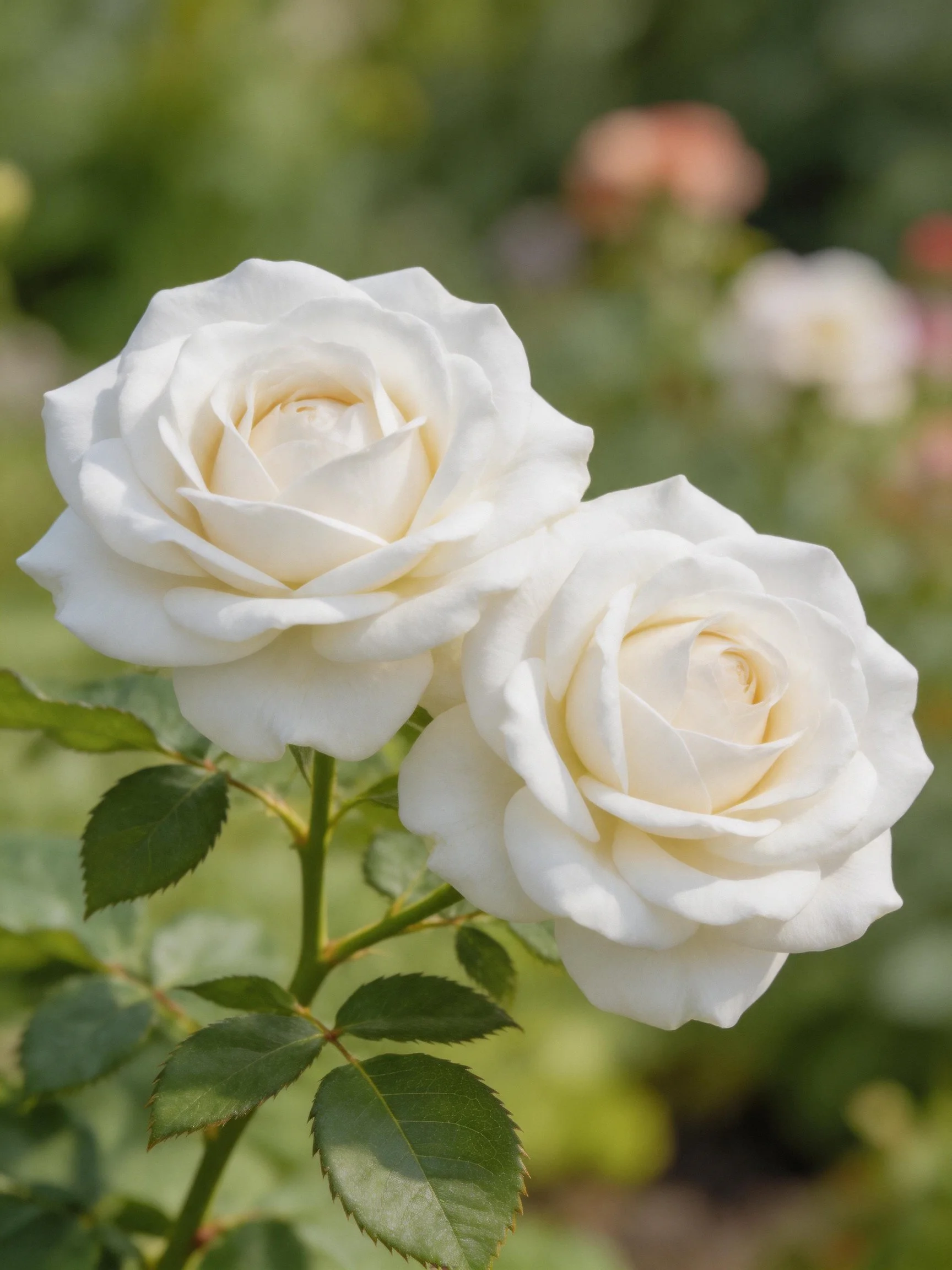 Two pristine white roses bloom beside lush green foliage.