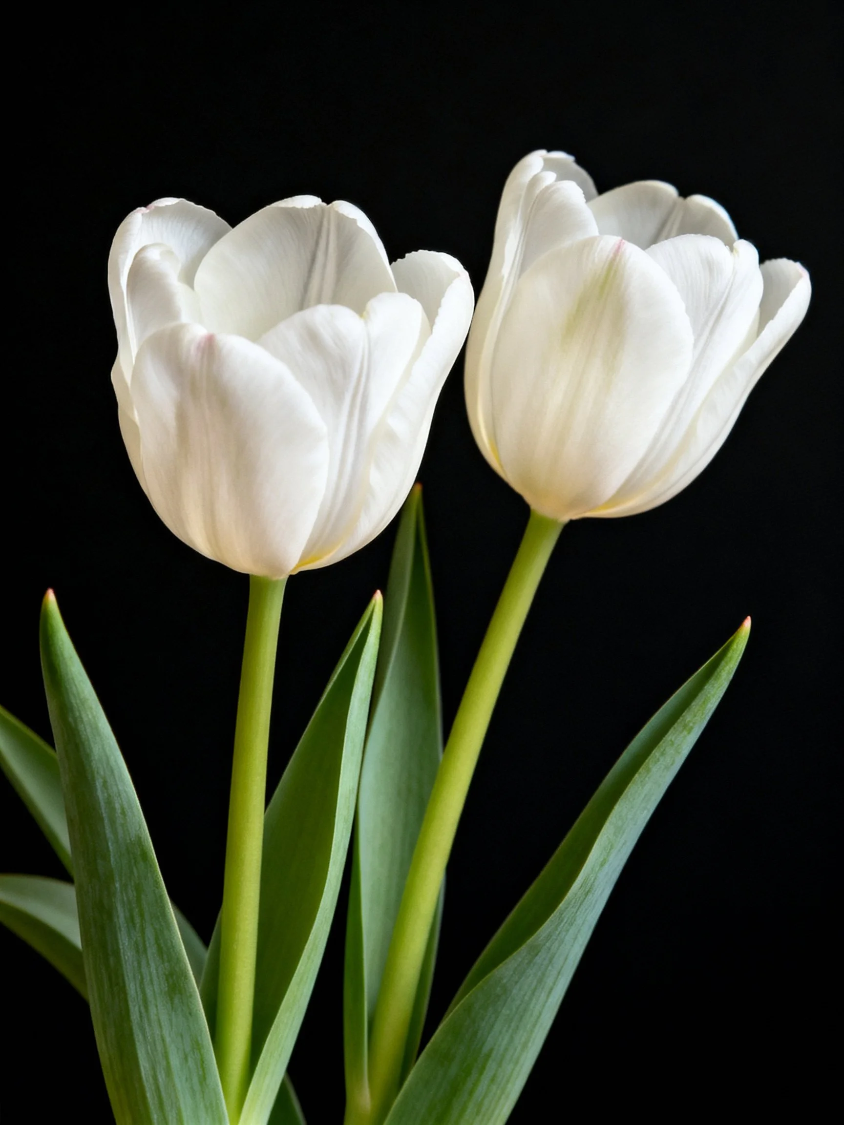 Two pristine white tulips with green stems and leaves against a solid black backdrop