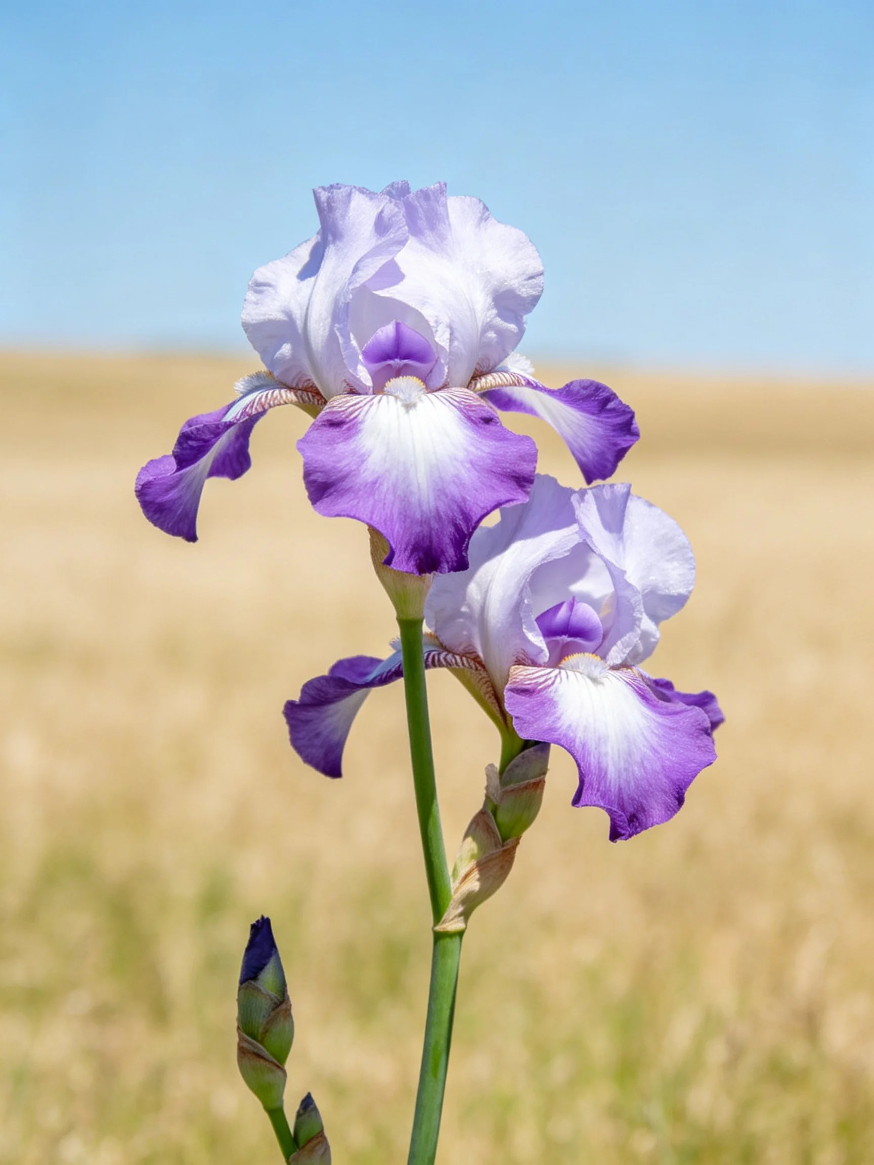 Two purple and white irises bloom in a golden field under clear blue sky