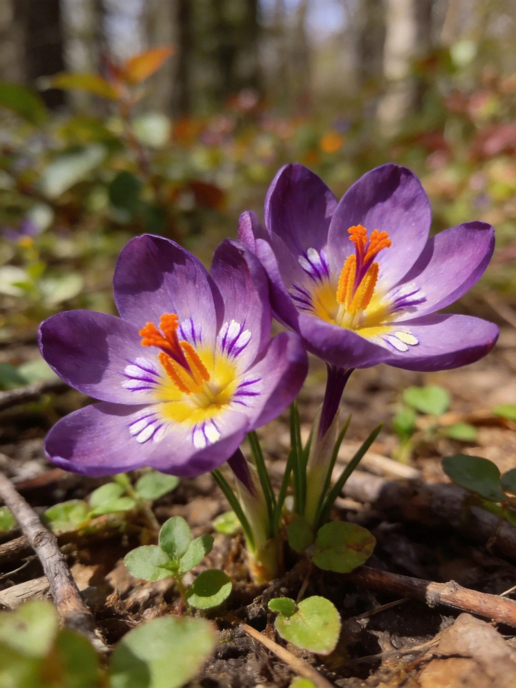 Two purple crocus blooms with yellow centers in a forest