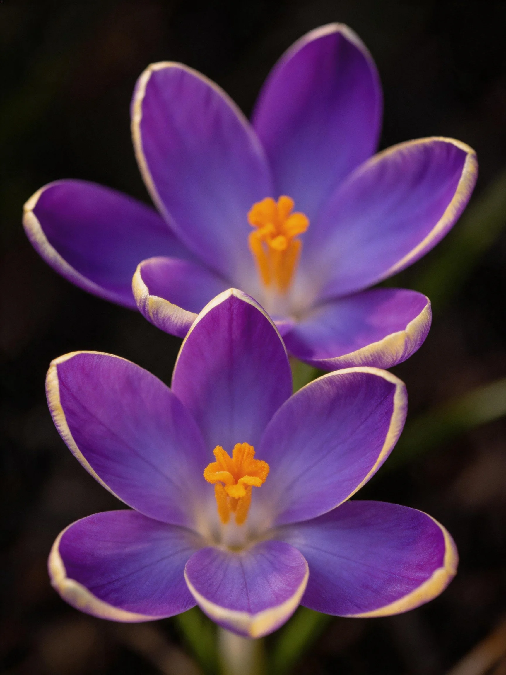 Two purple crocus flowers with yellow stamens