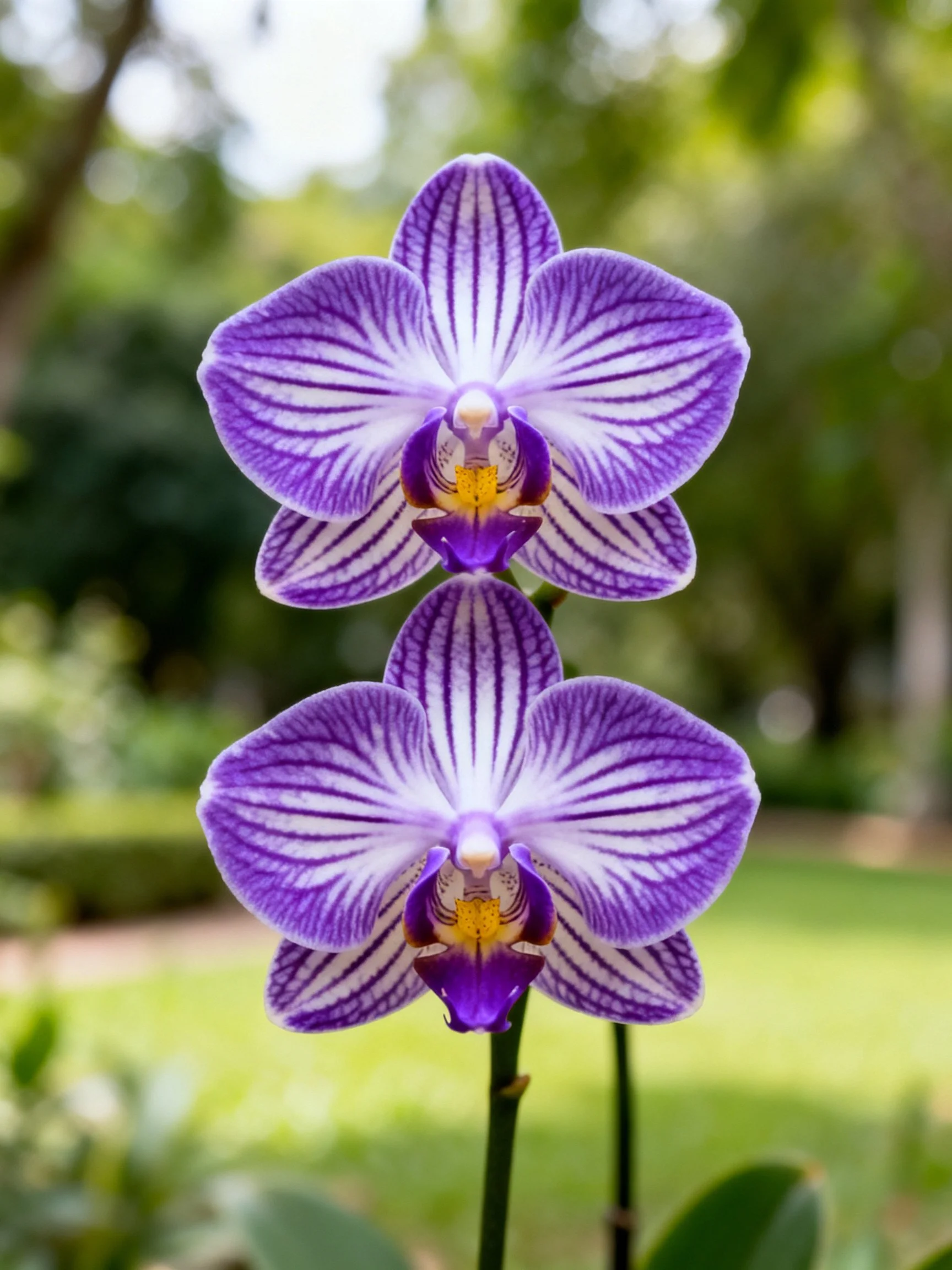 Two purple striped orchids with white petal stripes
