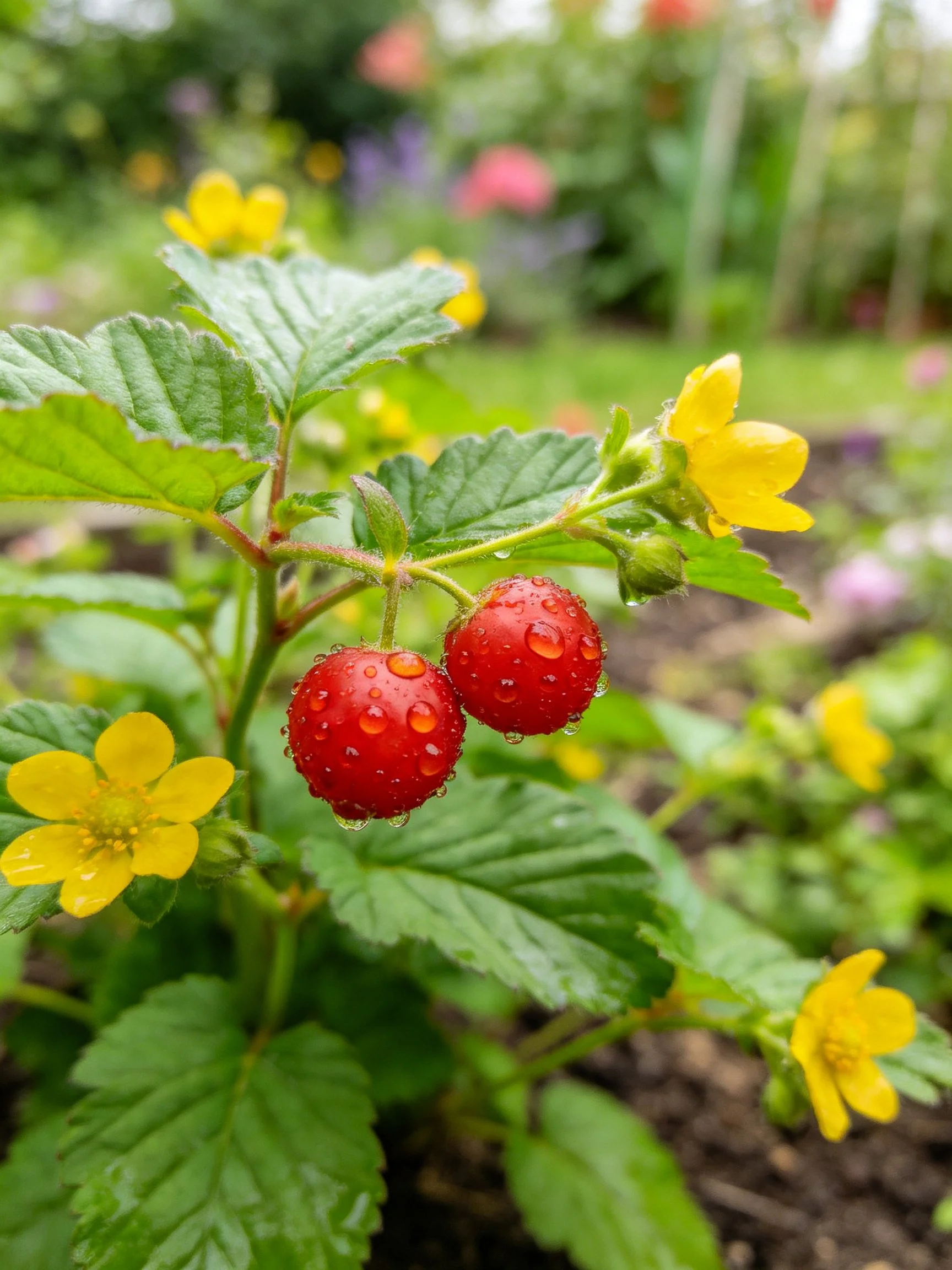 Two red berries with dewdrops, yellow flowers, green leaves in a garden