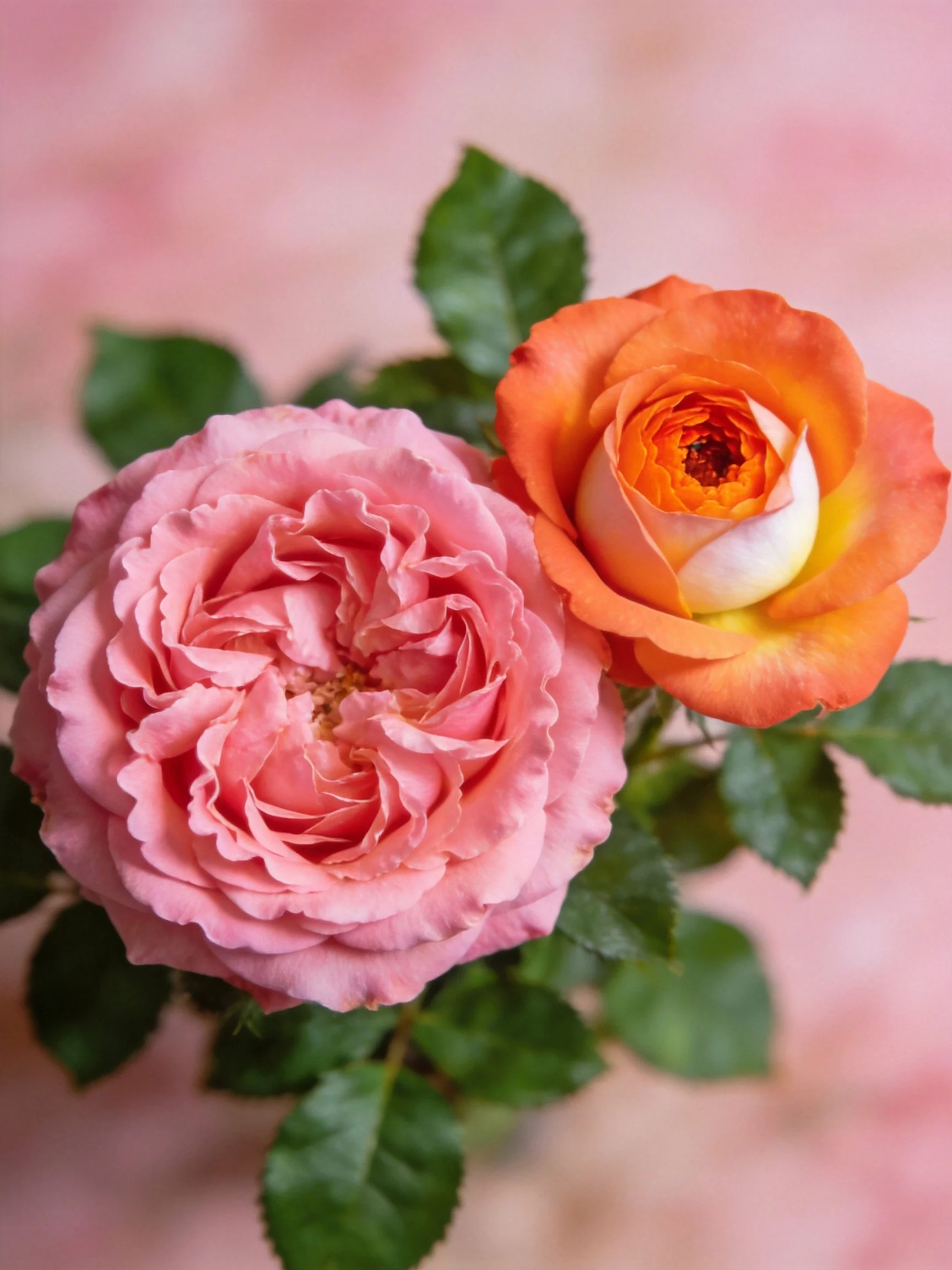 Two roses, one pink and one orange, with lush green leaves