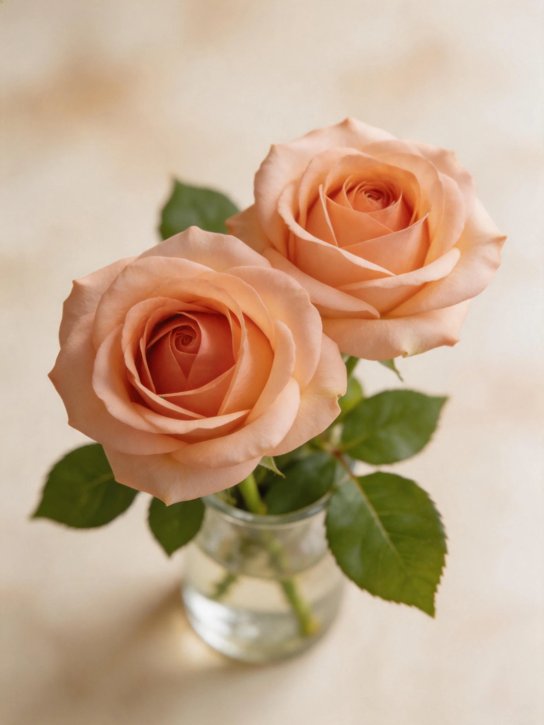 Two soft peach roses in a small glass vase with green leaves
