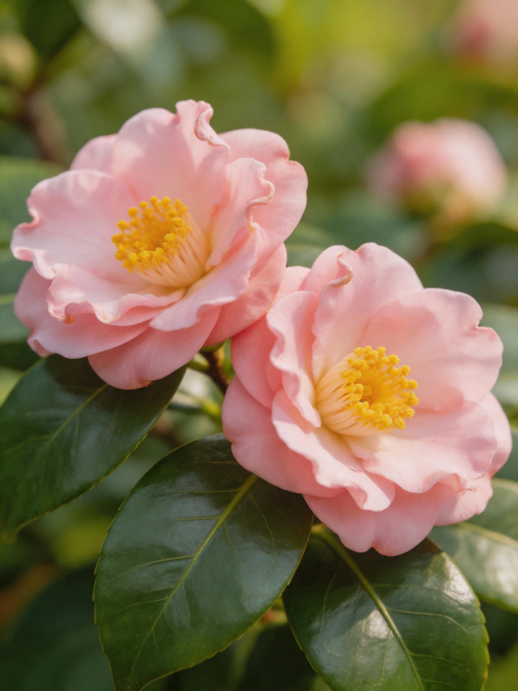 Two soft pink camellias with bright yellow centers amid glossy green leaves