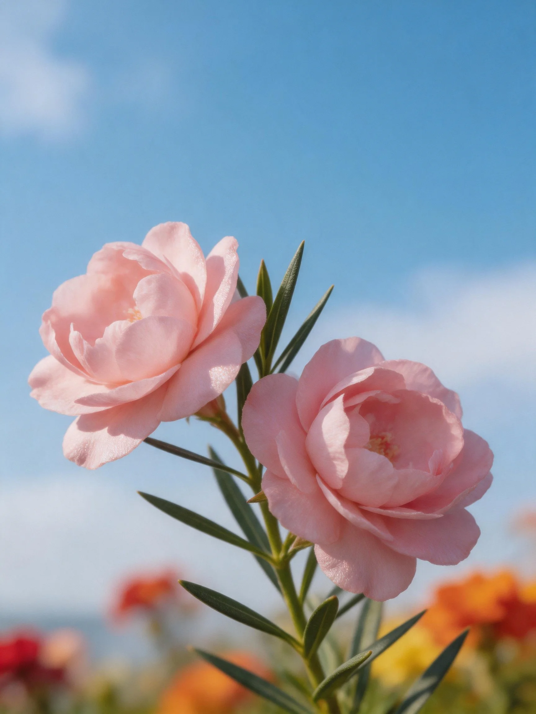 Two soft pink flowers bloom against a clear blue sky