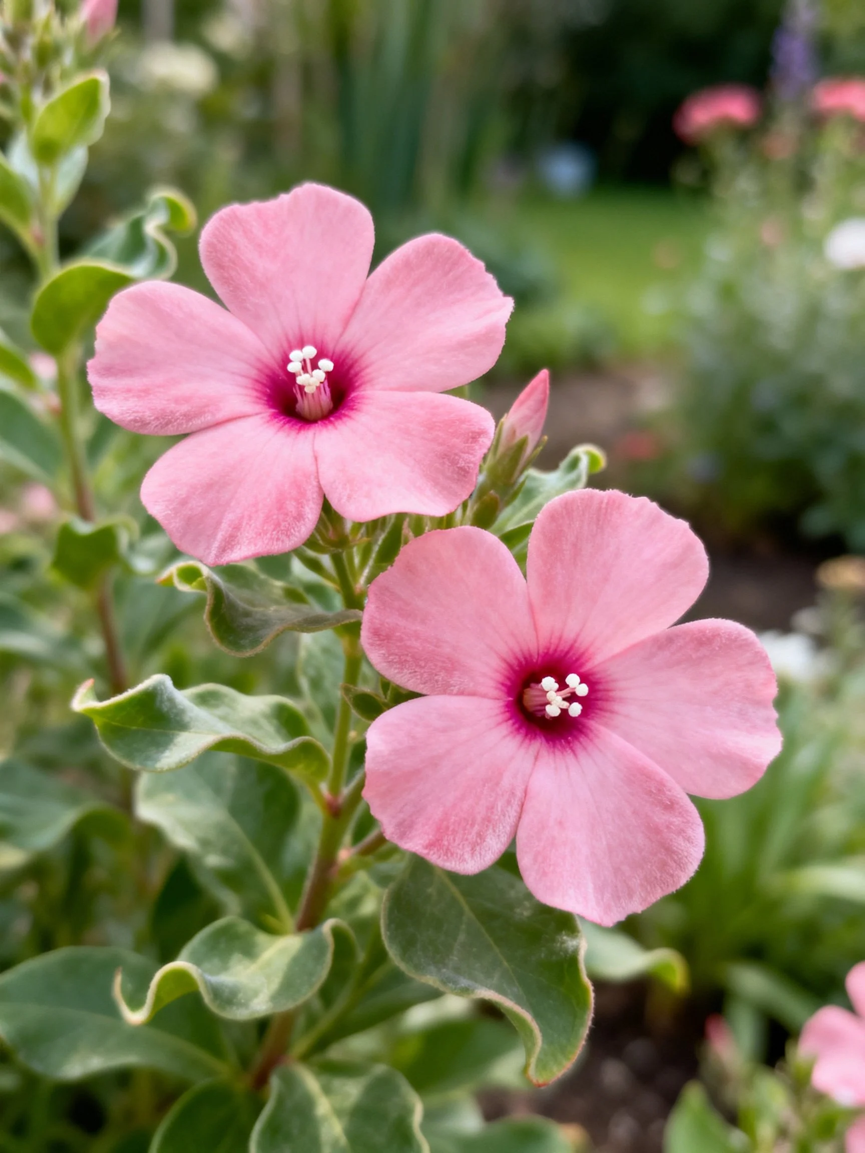 Two soft pink flowers with dark centers amid green foliage