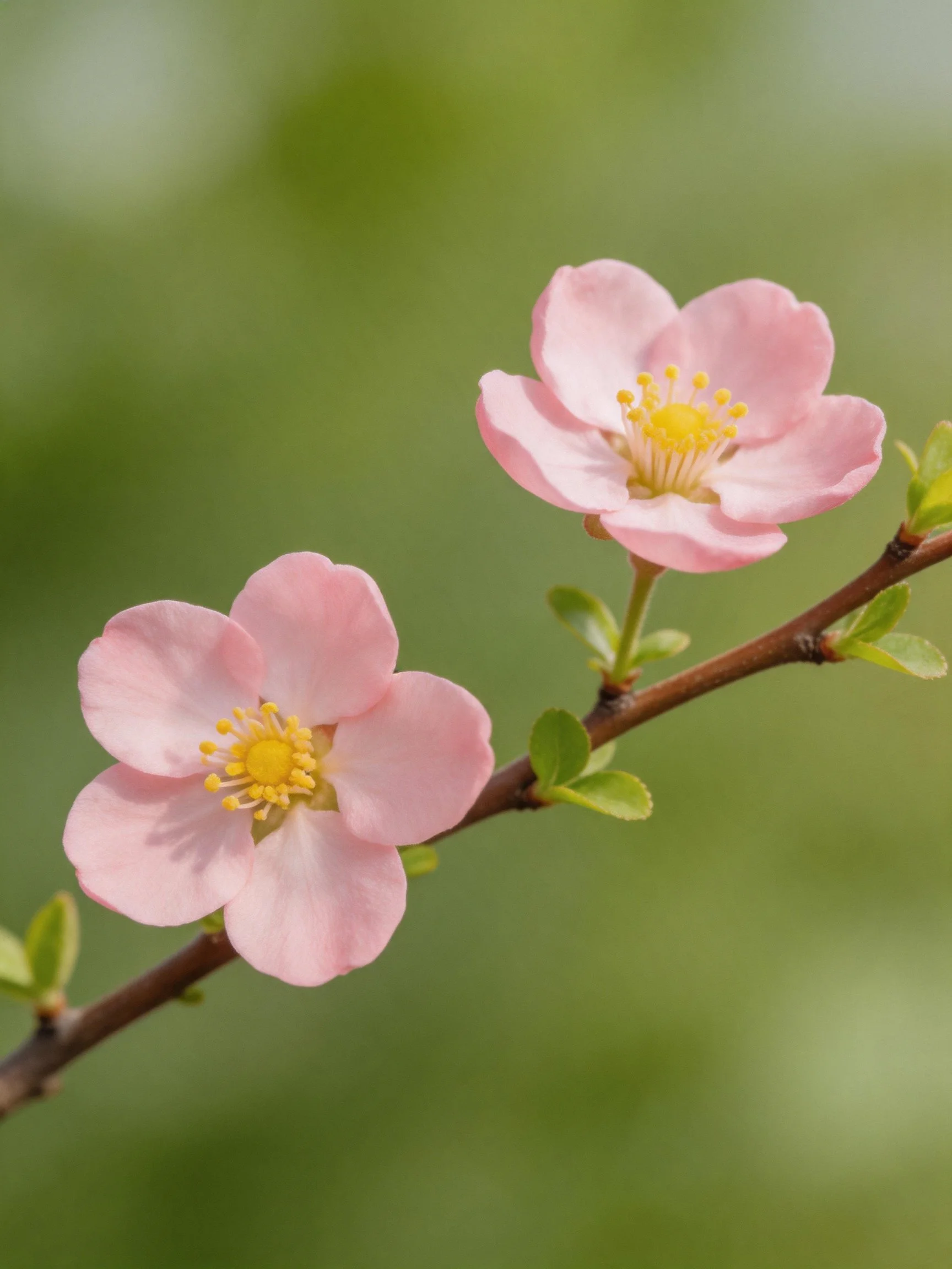Two soft pink flowers with yellow centers on a brown branch with green leaves