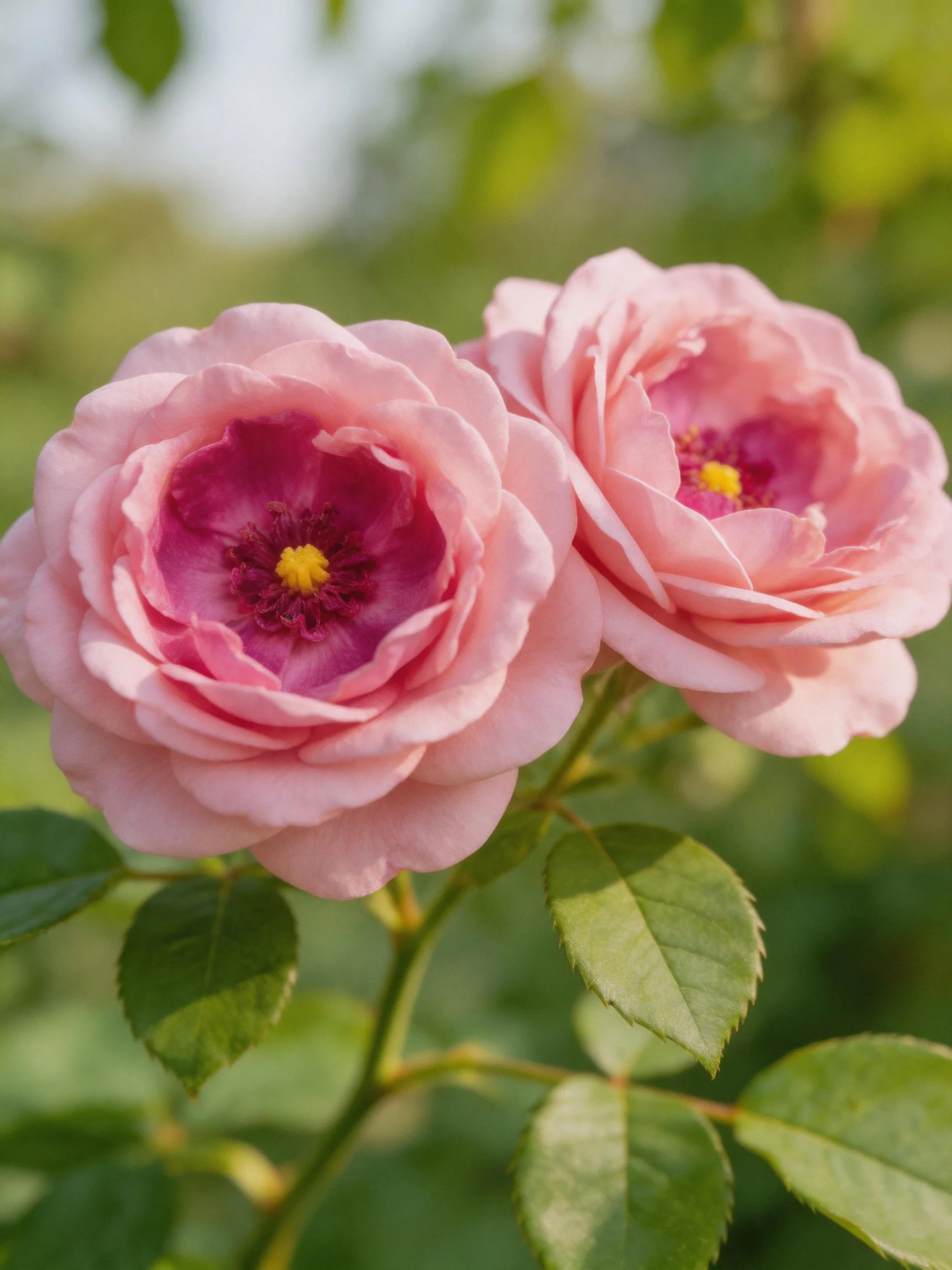 Two soft pink roses bloom amid green foliage