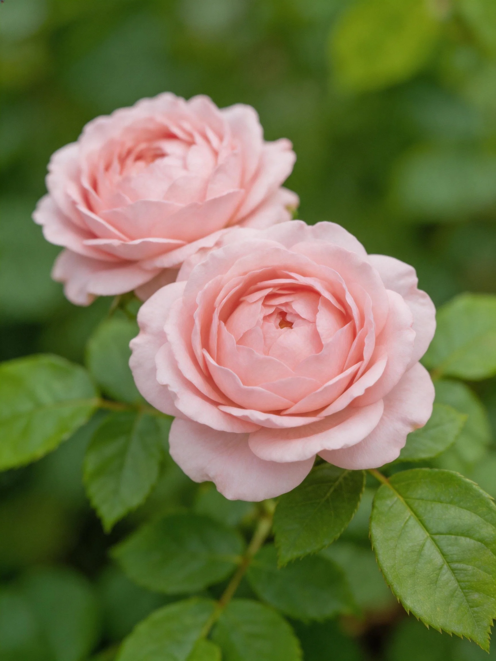 Two soft pink roses bloom amid lush green foliage