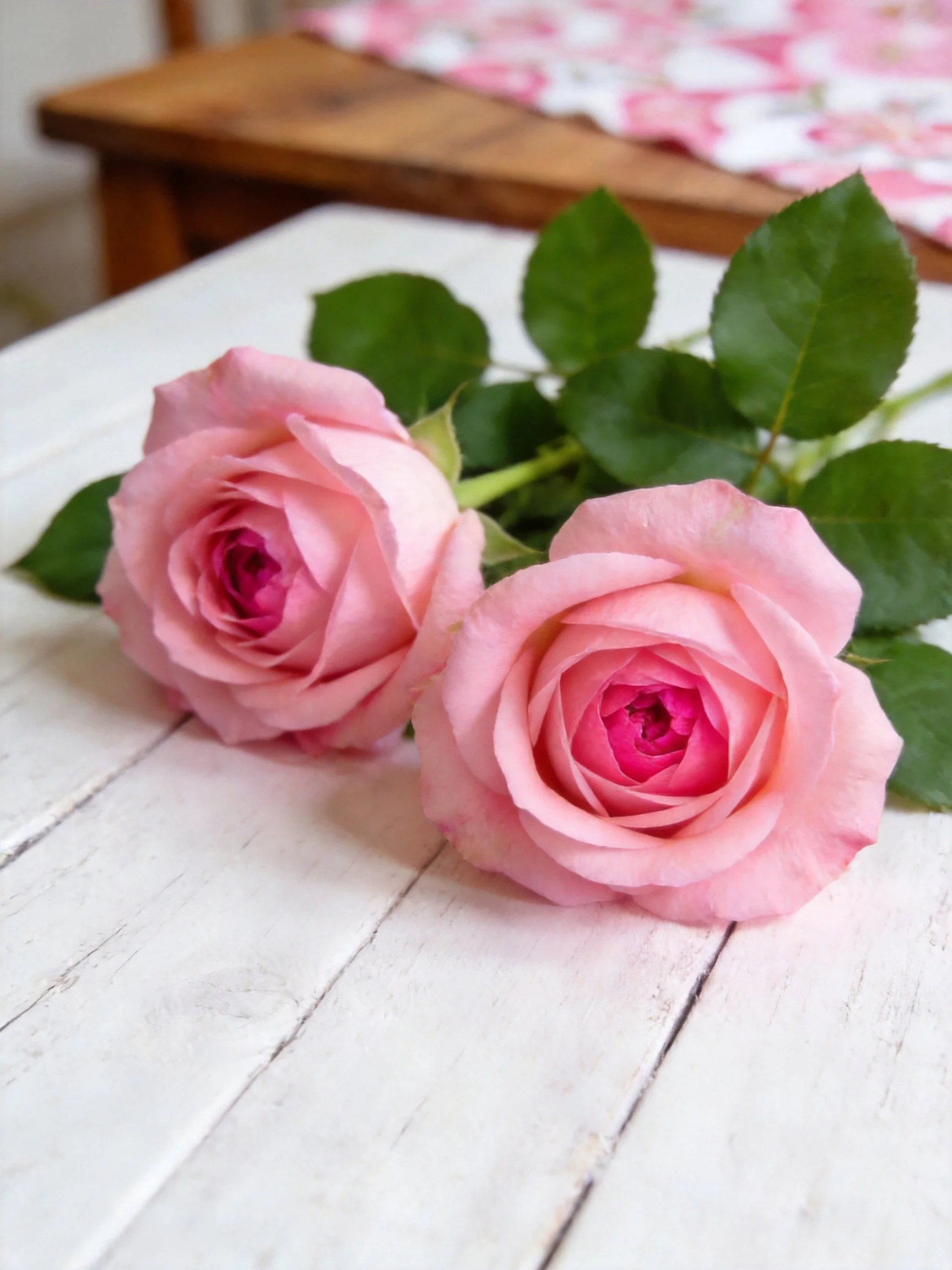 Two soft pink roses rest on a white wooden table with green leaves