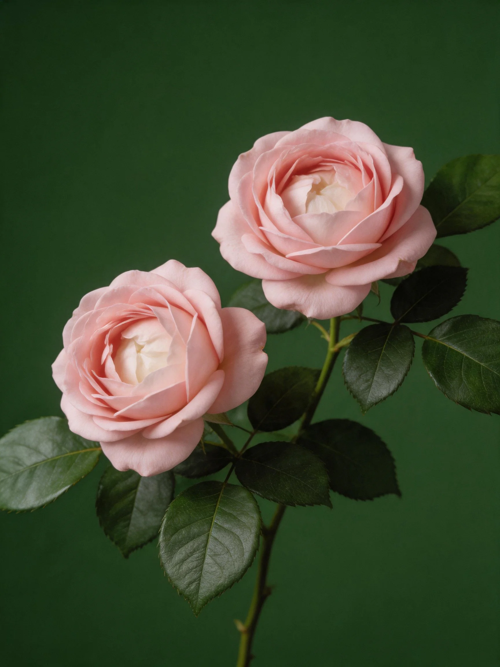 Two soft pink roses with dark green leaves on a solid green background