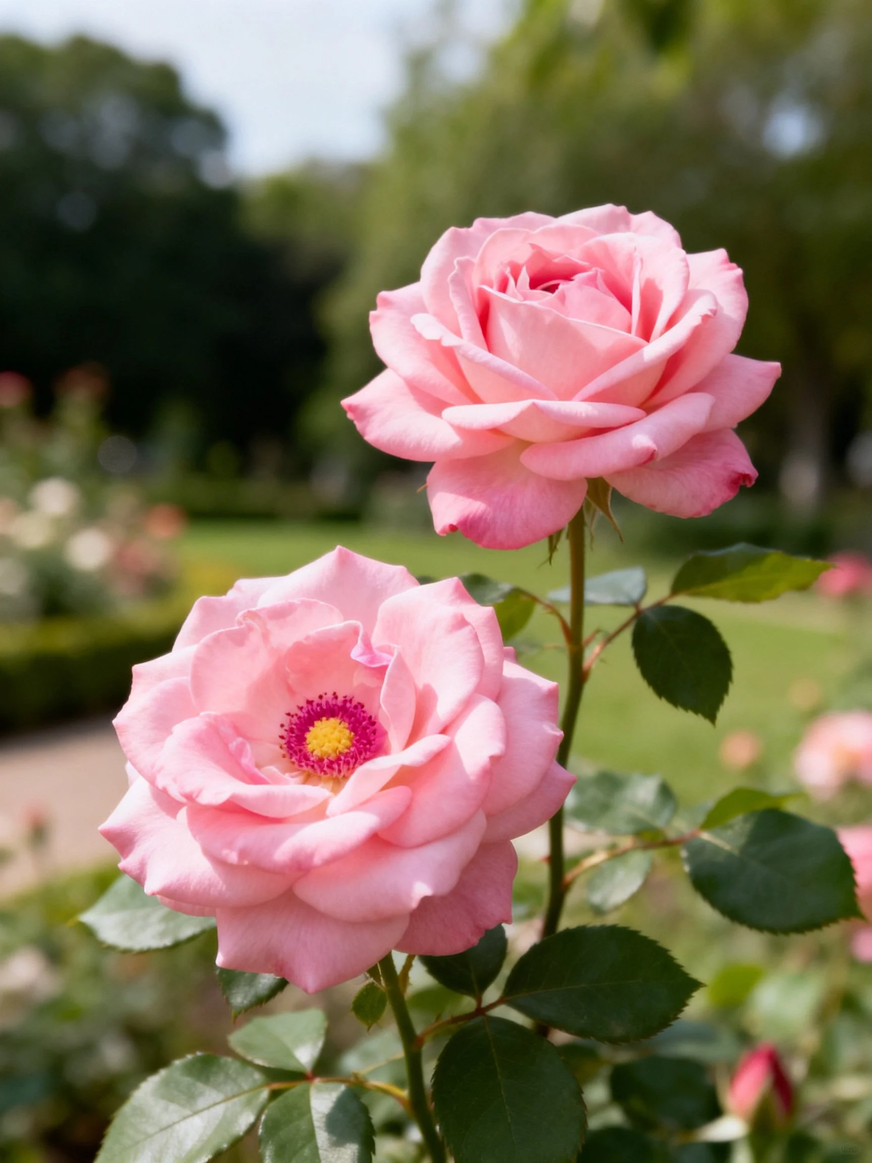 Two soft pink roses with layered petals bloom in a sunny garden.