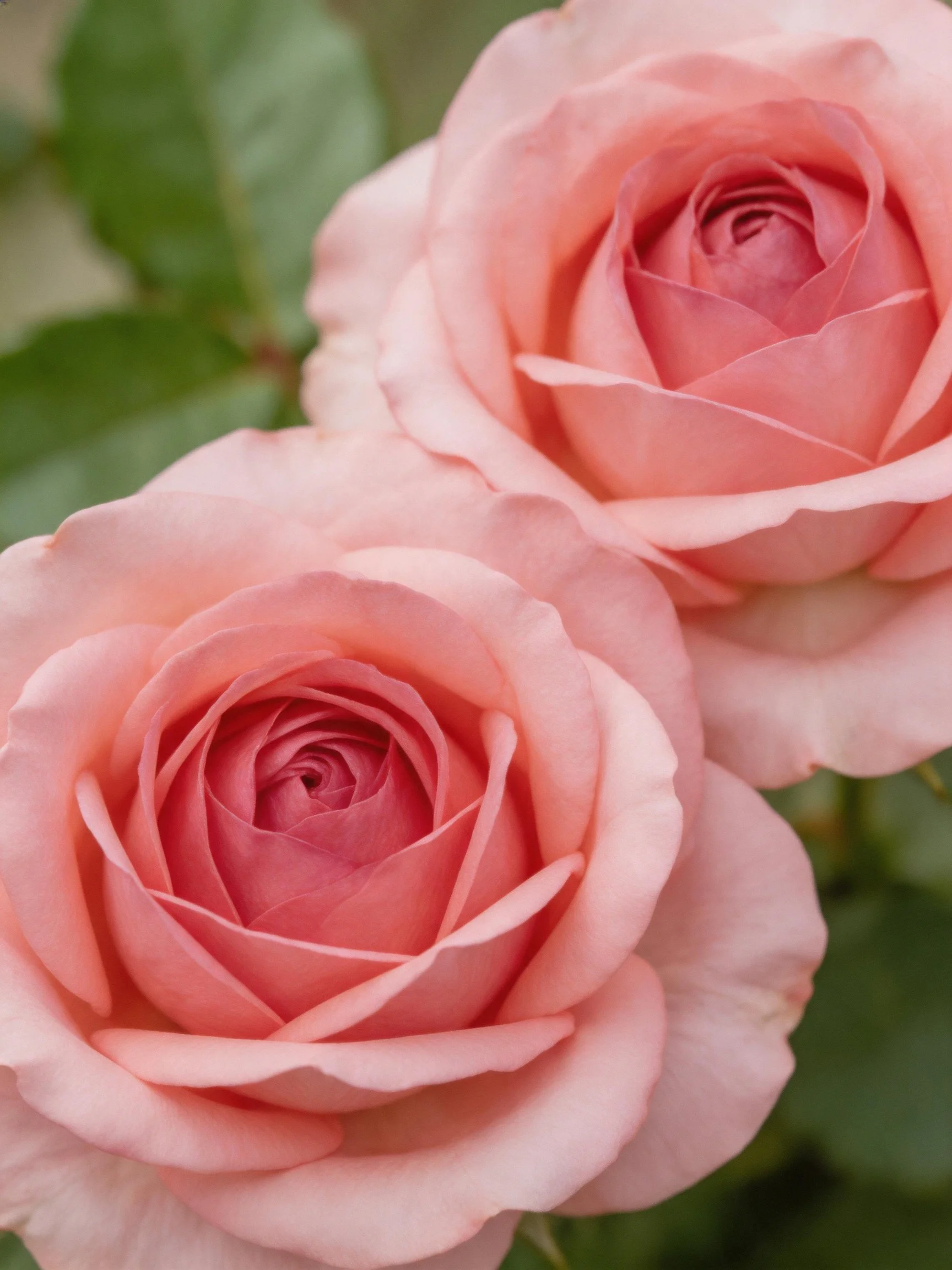 Two soft pink roses with layered petals near green foliage