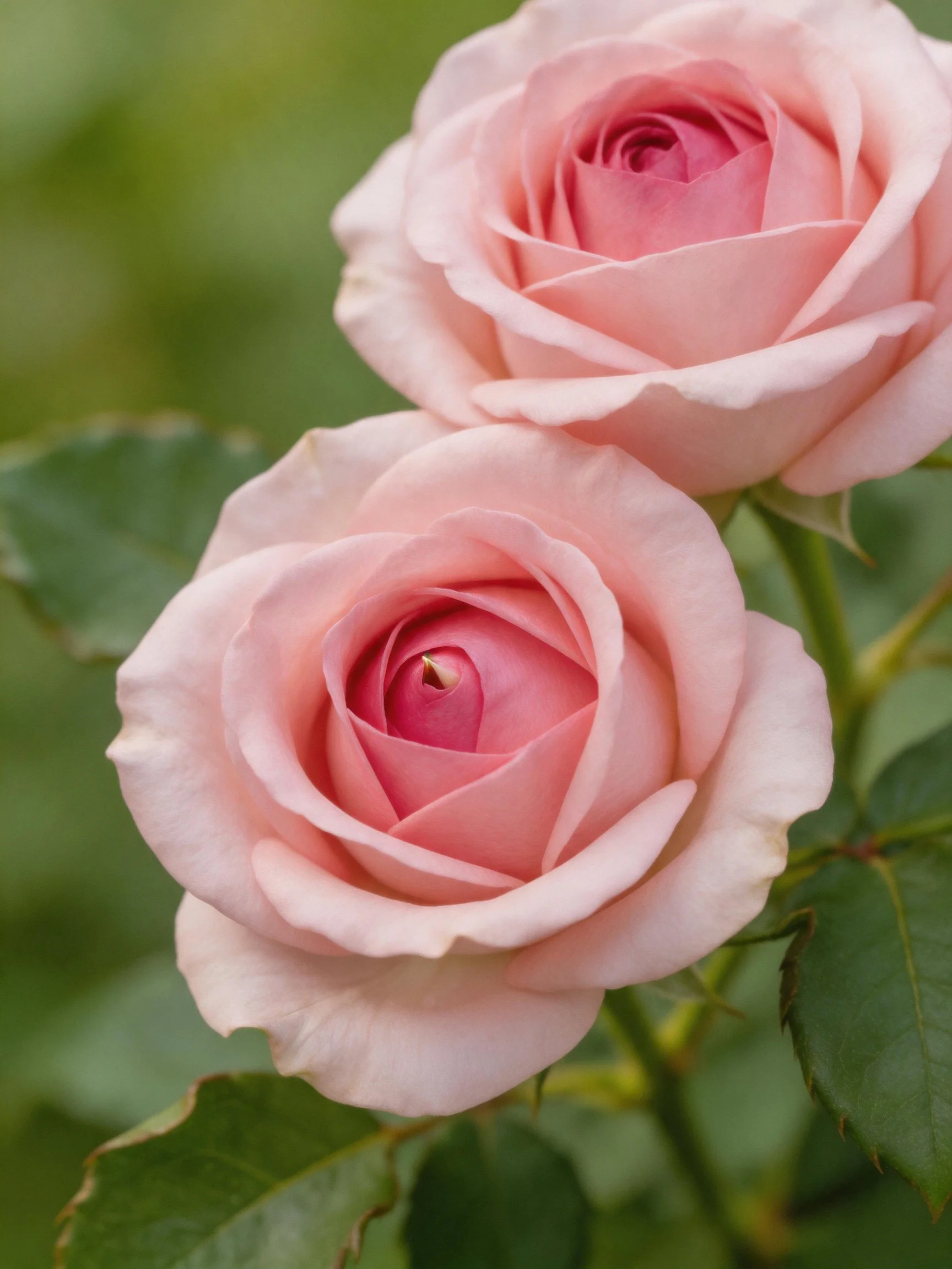 Two soft pink roses with lush green foliage